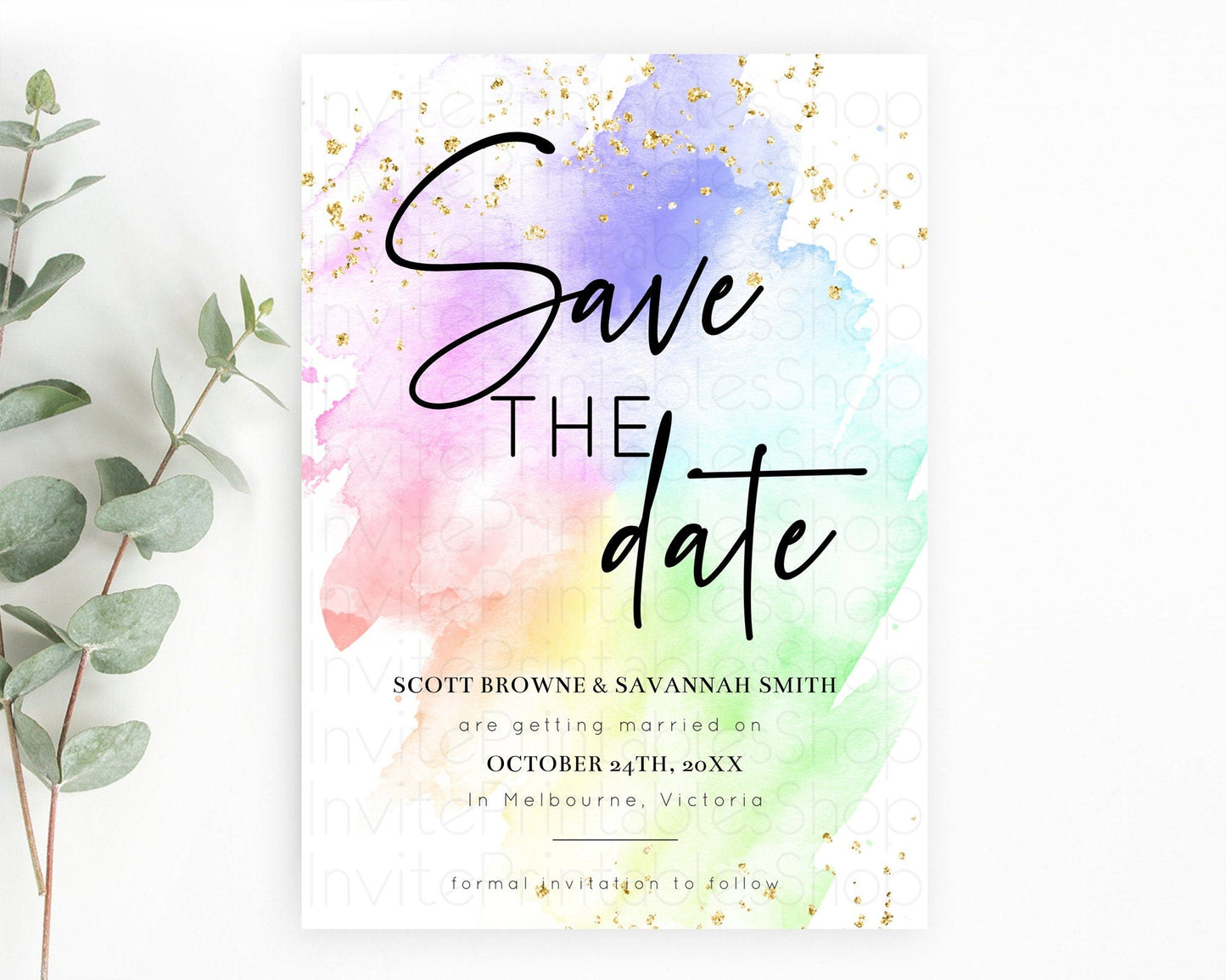 Pastel Save The Date Template Pastel Ombre Rainbow Watercolor Colorful Party For Birthday Baptism Baby Shower Wedding Bridal Shower D10316