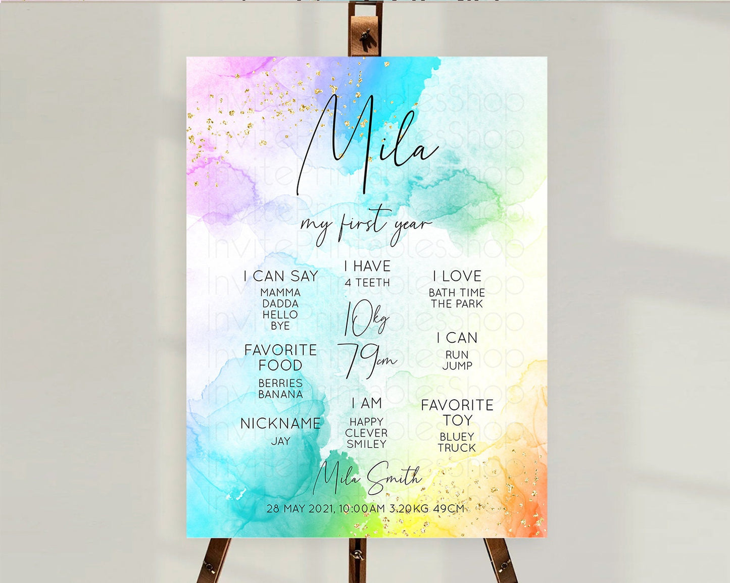 Pastel First Birthday Milestone Board Pastel Rainbow Milestone Poster Colorful Confetti Watercolor Glitter 1st Birthday Welcome Sign D10771