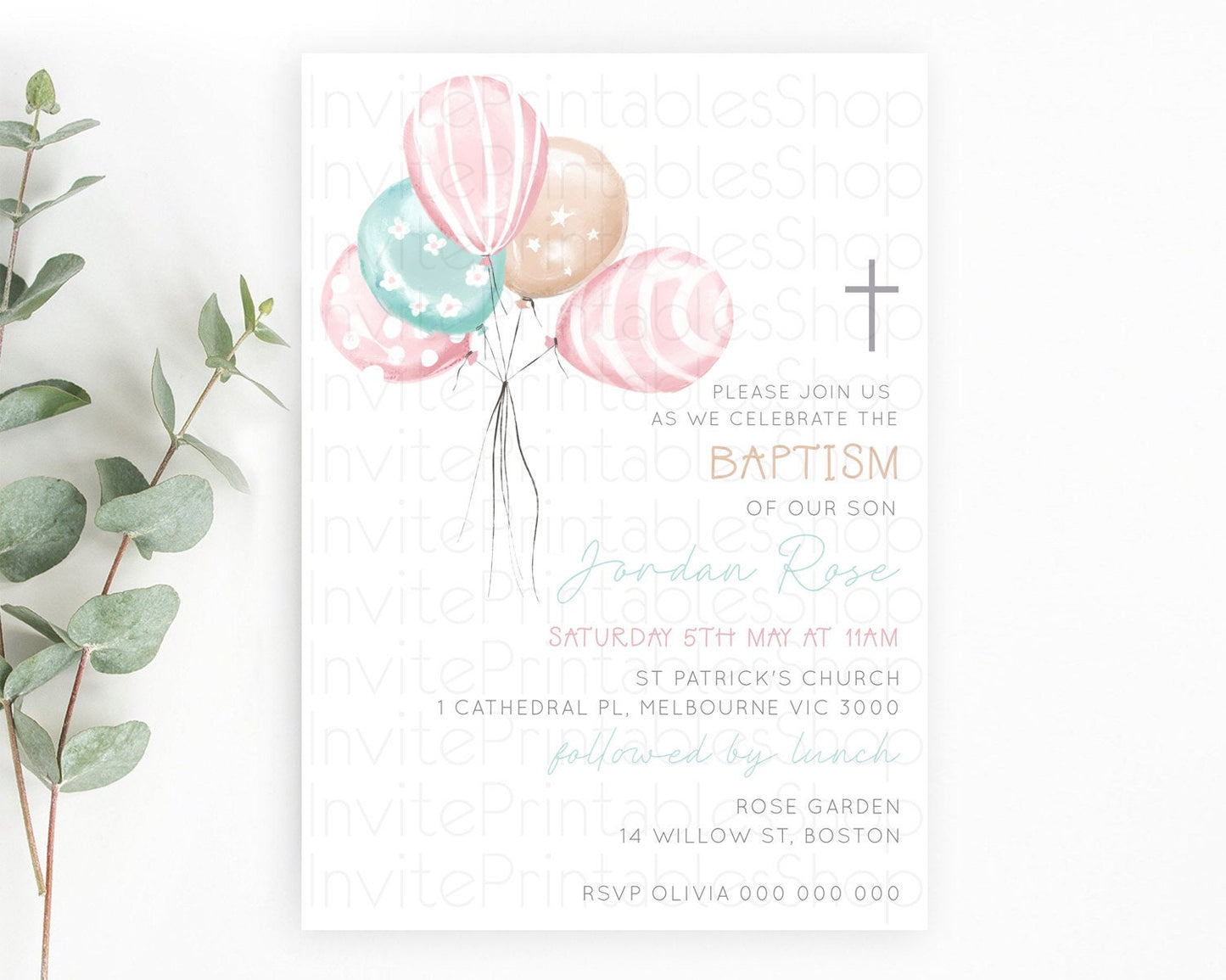 Balloon Baptism Invitation Pastel Baptism 1st Birthday Invitation Pastel Balloon Christening Invite Colorful Rainbow Balloon Invites D10687