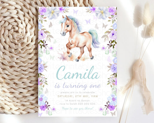 Editable Horse Birthday Invitation, Galloping Wildflower Fields, Pastel Flow