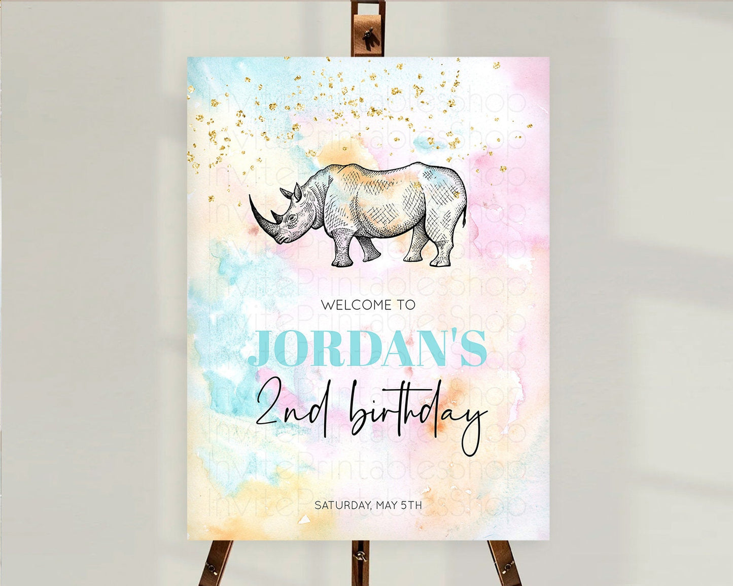 Pastel Rhino Welcome Sign Rainbow Rhino Welcome Board Colorful Rainbow Pastel Confetti Watercolor First Birthday Welcome Sign D10287