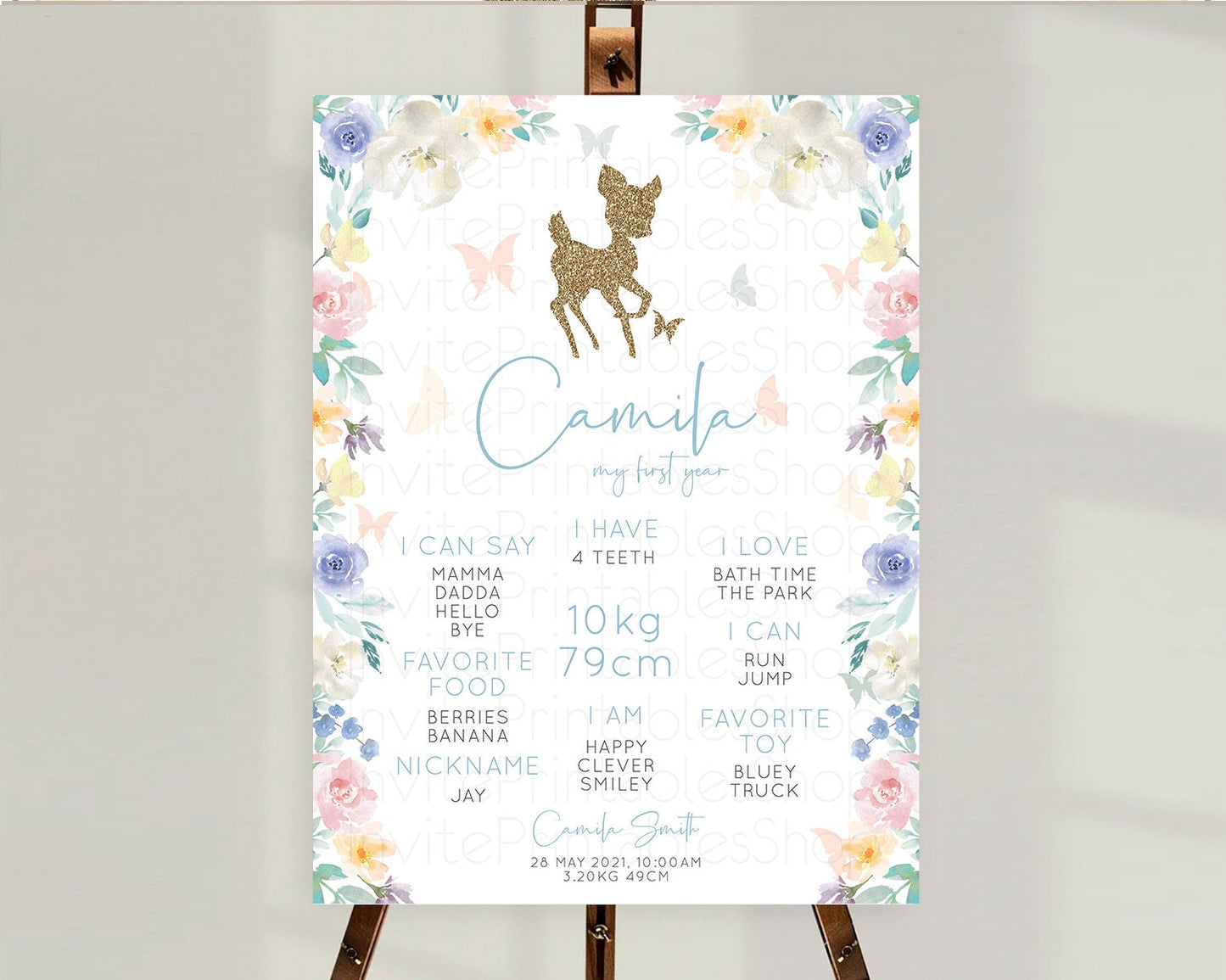 Fawn First Birthday Milestone Board Deer First Birthday Milestone Poster Enchanted Forest Butterfly Pastel Flowers 1st Birthday Sign D10878
