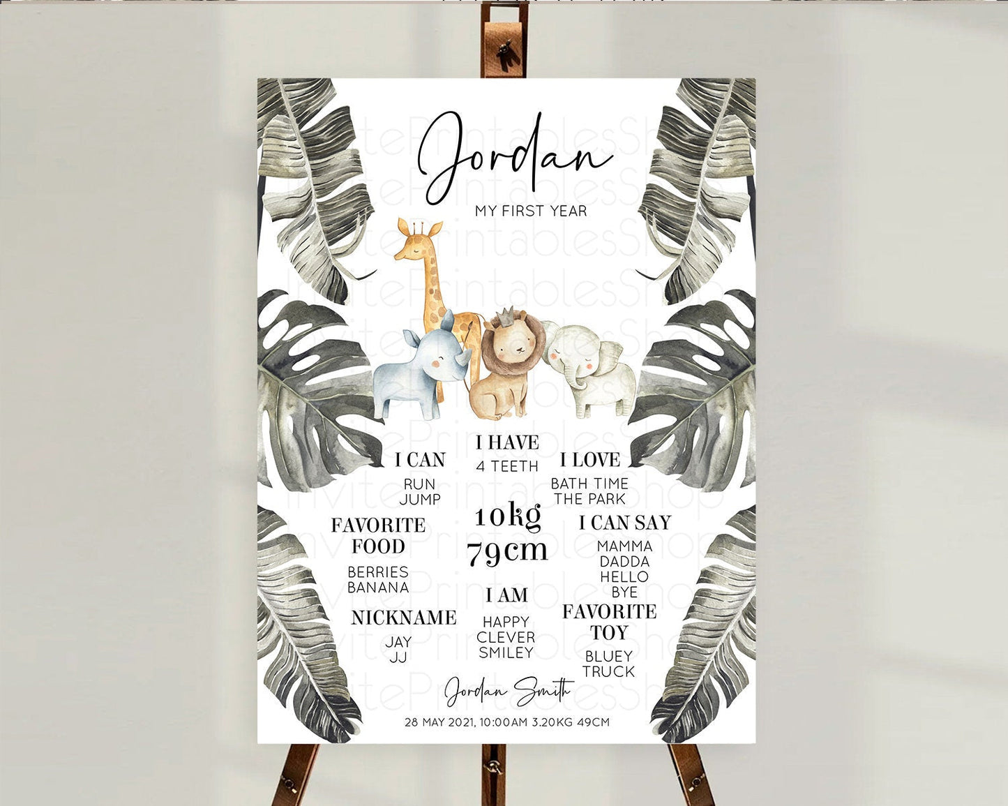 Safari First Birthday Milestone Poster Lion Gorilla Elephant Rhino Tropical Palm Jungle Zoo Party Animal 1st Birthday Welcome Sign D10599