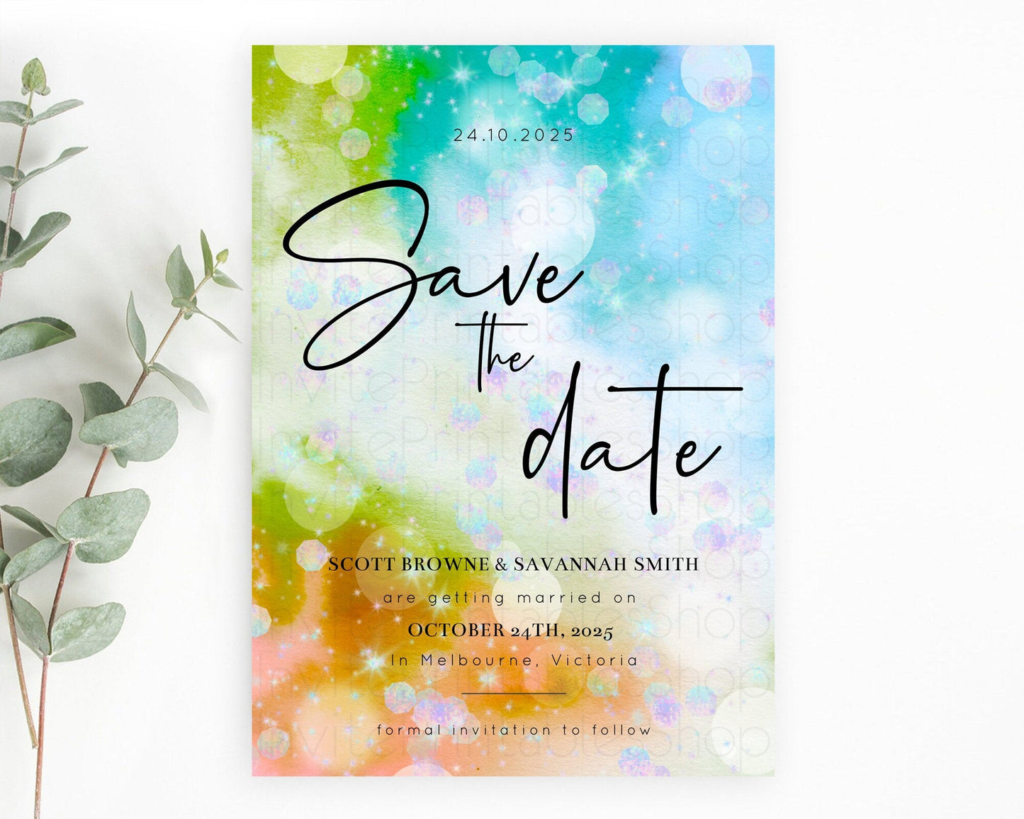 Colorful Save The Date Template Pastel Rainbow Watercolor Iridescent Ombre Party For 1st Birthday Baptism Baby Shower Bridal Shower D10692