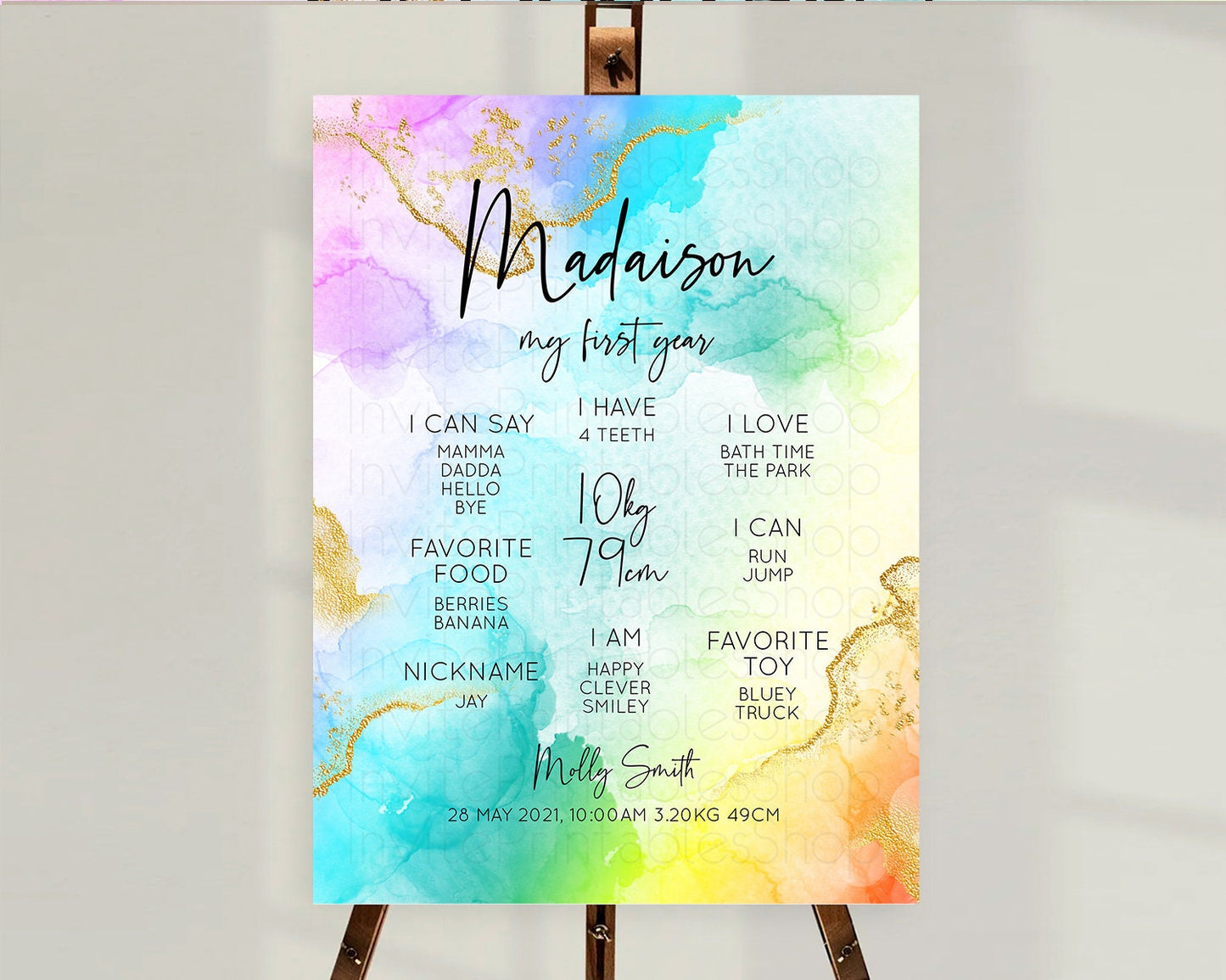 Pastel First Birthday Milestone Board Pastel Rainbow Milestone Poster Colorful Confetti Watercolor Glitter 1st Birthday Welcome Sign D10390