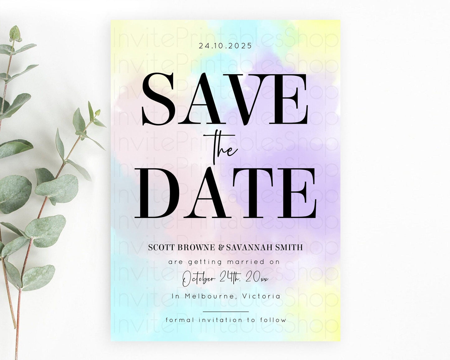 Pastel Save The Date Template Pastel Ombre Rainbow Watercolor Colorful Party For Birthday Baptism Baby Shower Wedding Bridal Shower D10617