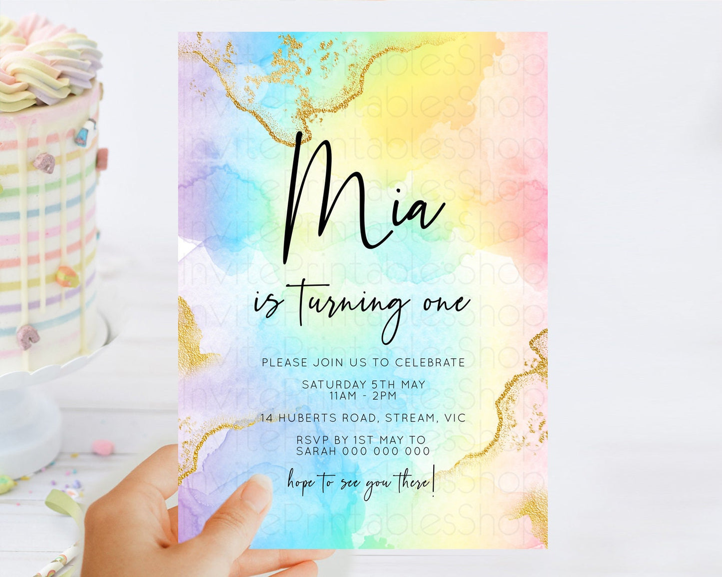 Rainbow Birthday Invitation Colorful Pastel Watercolor Invitation Gold Glitter Sprinkles Ombre Pastel 1st 2nd 3rd Birthday D10588