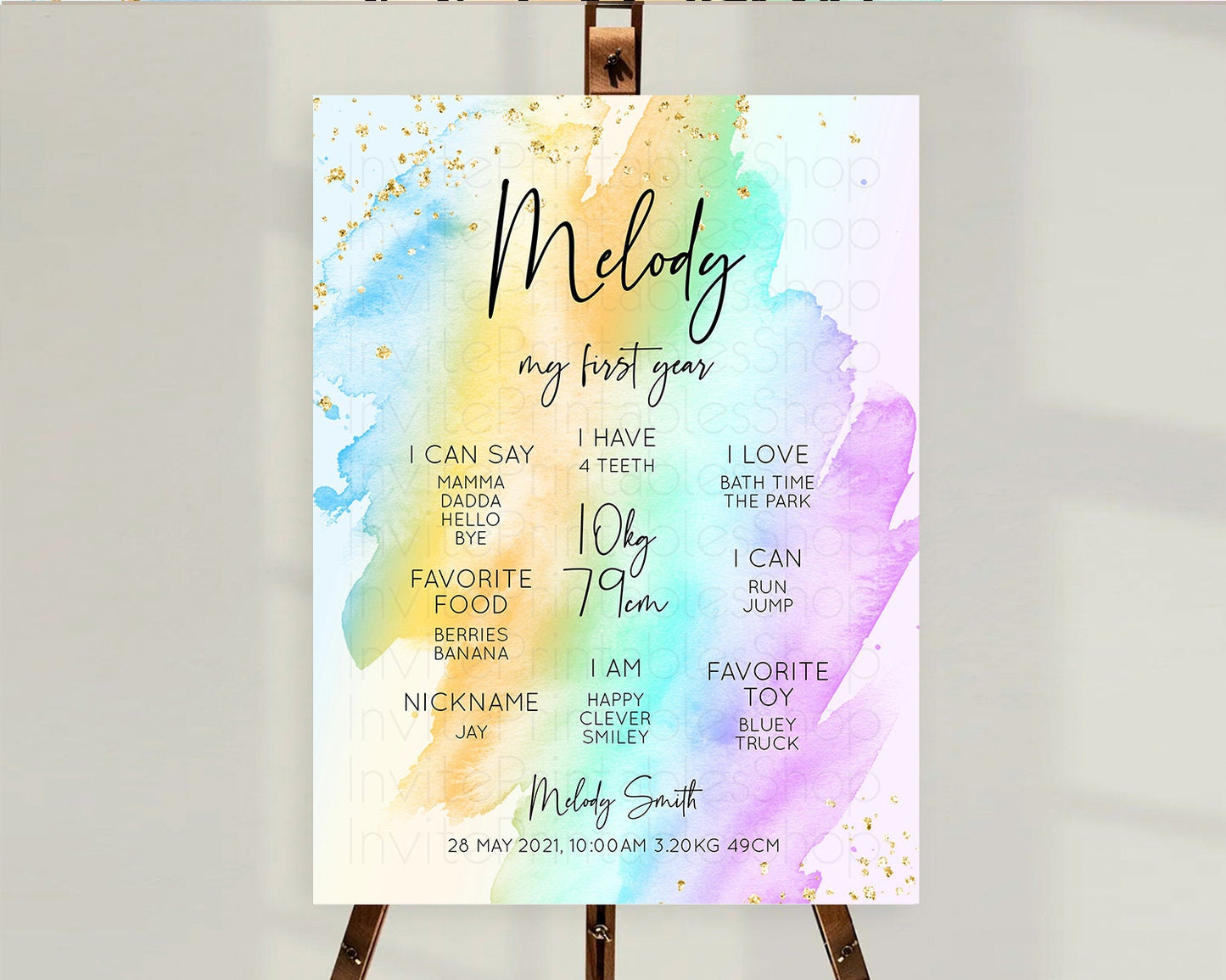 Pastel First Birthday Milestone Board Pastel Rainbow Milestone Poster Colorful Confetti Watercolor Glitter 1st Birthday Welcome Sign D10425
