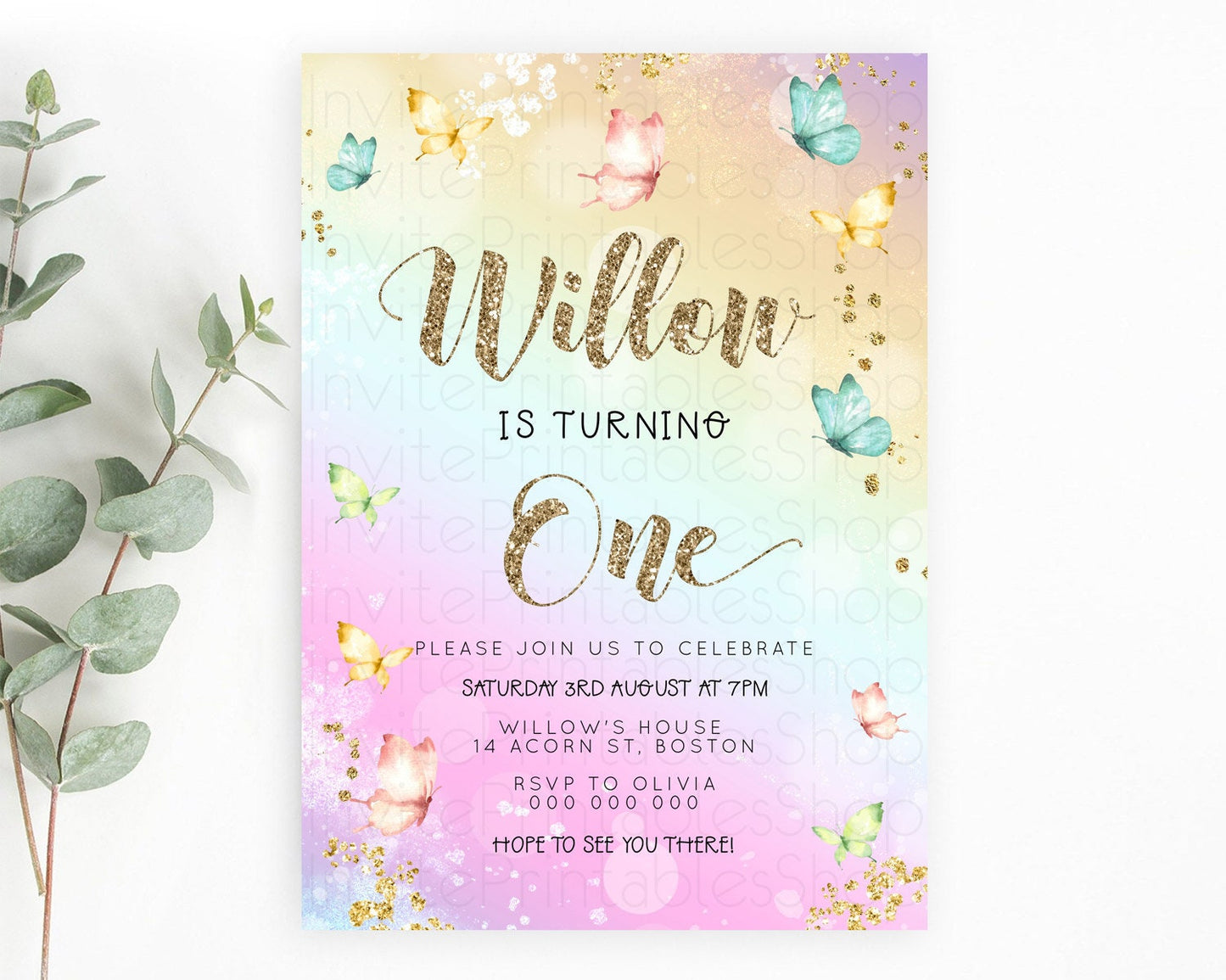 Pastel Butterfly Birthday Invitation Butterfly Birthday Invitation Colorful Splash Glitter Butterfly Garden 1st 2nd Birthday D23084