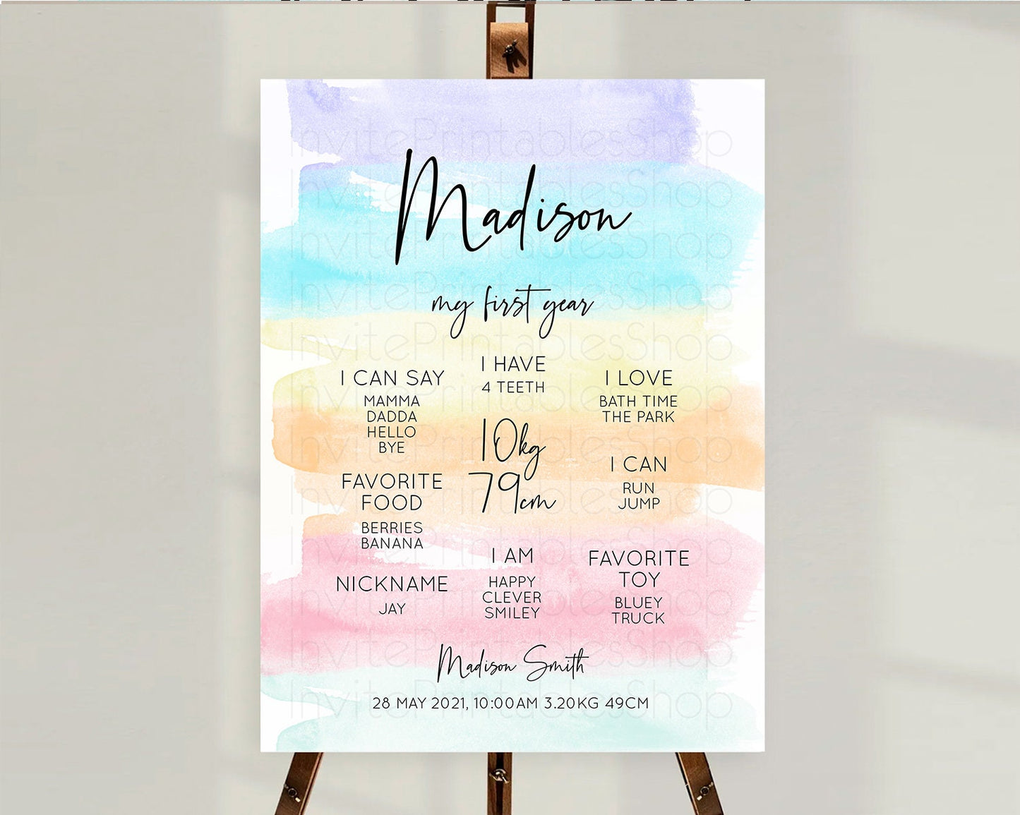 Pastel First Birthday Milestone Board Pastel Rainbow Milestone Poster Colorful Confetti Watercolor Glitter 1st Birthday Welcome Sign D10505