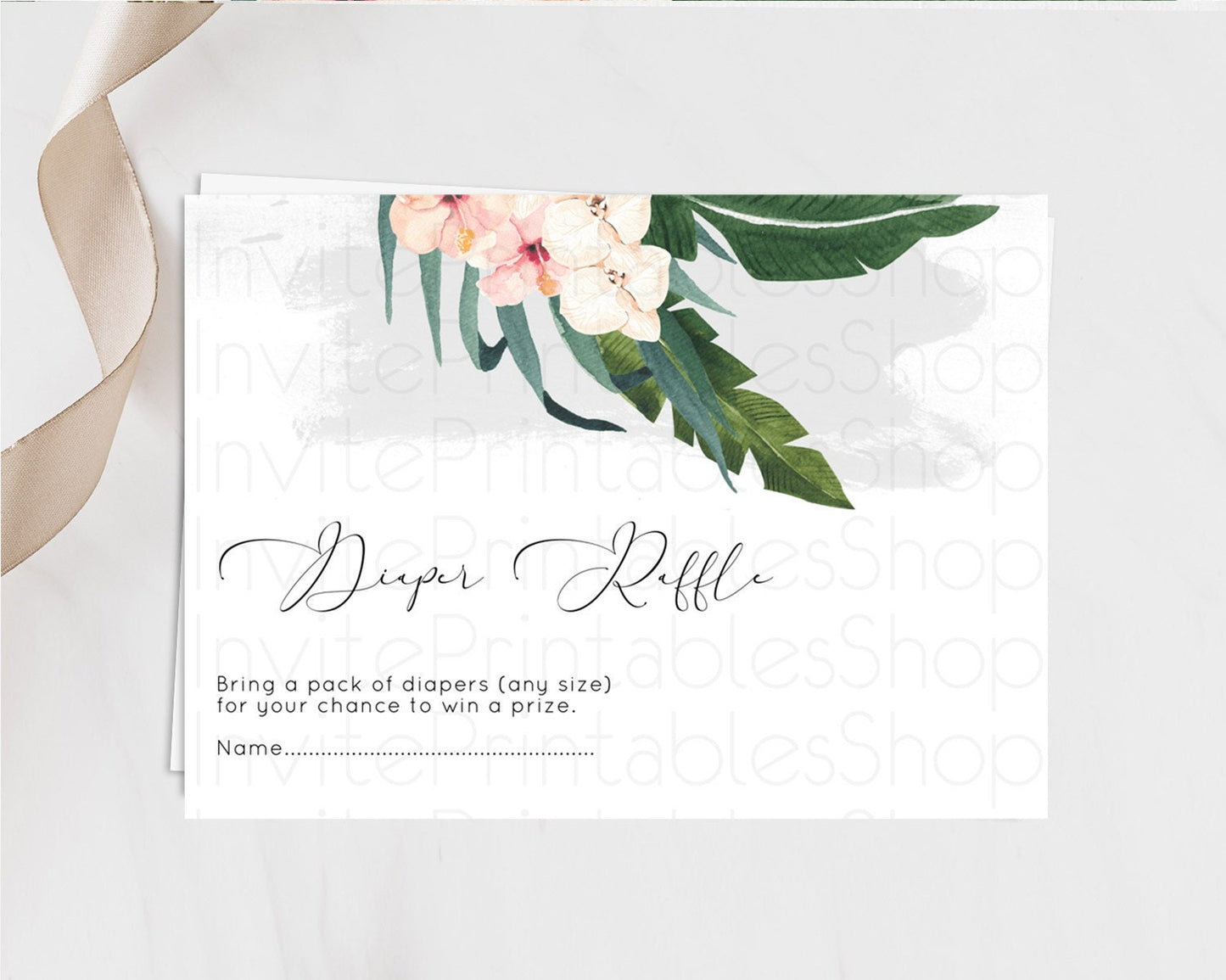Tropical Diaper Raffle Card Tropical Diaper Raffle Insert Palm Leaf Diaper Ticket Fern Frangipani Floral White Orchid Raffle Game D11011