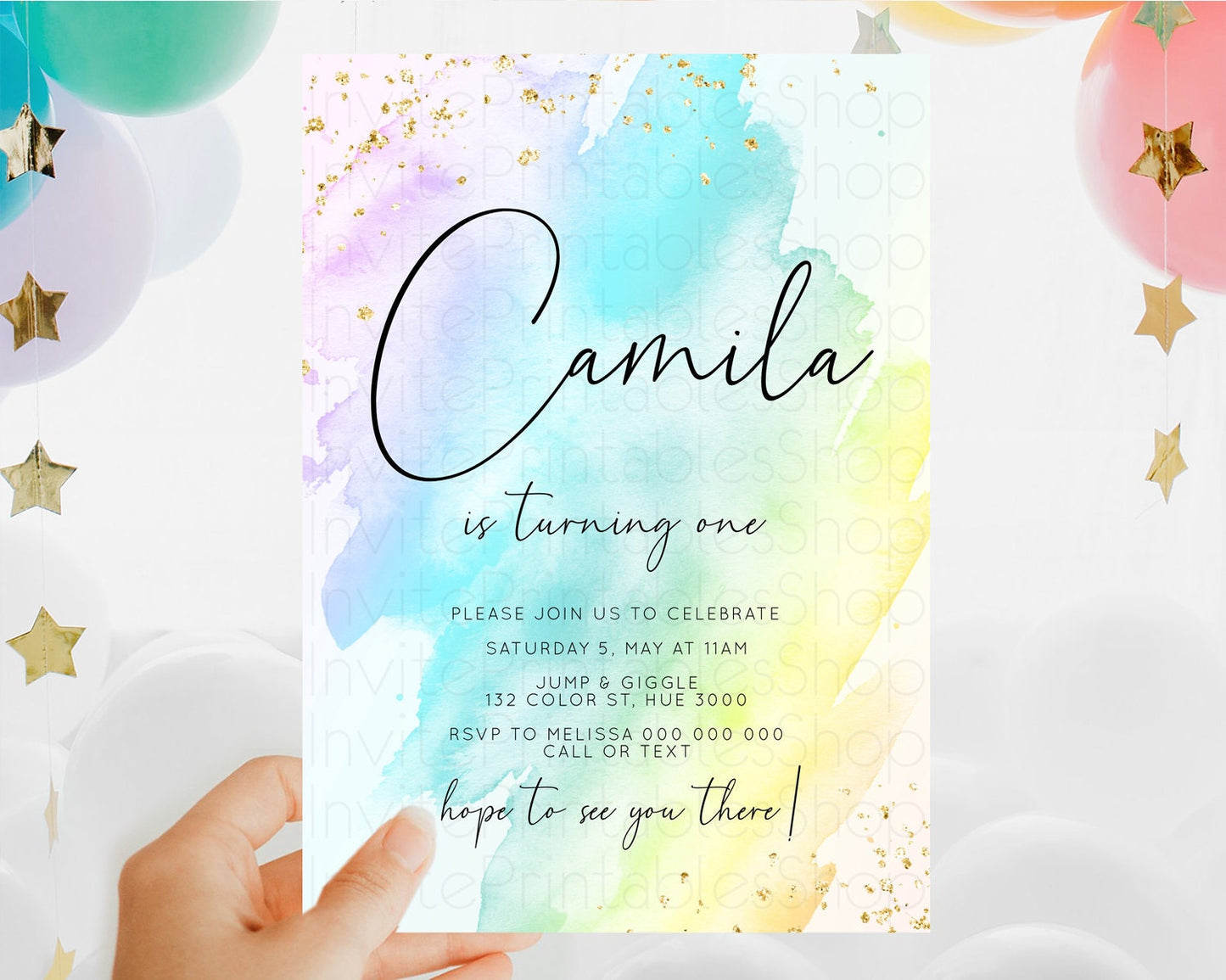 Rainbow Birthday Invitation Colorful Pastel Watercolor Invitation Gold Glitter Sprinkles Ombre Pastel 1st 2nd 3rd Birthday D10773
