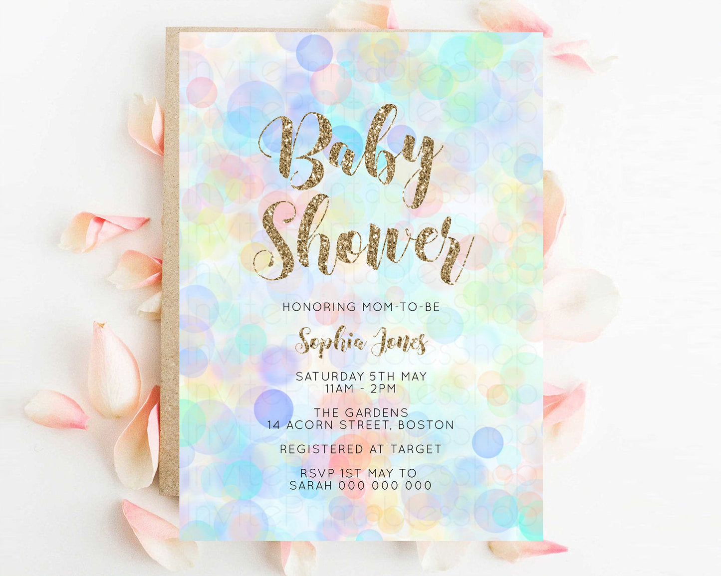 Rainbow Baby Shower Invitation Pastel Invite Colorful POP Invitation Confetti Sprinkles Invite Oh Baby Glitter Blue Pink Yellow Green G500