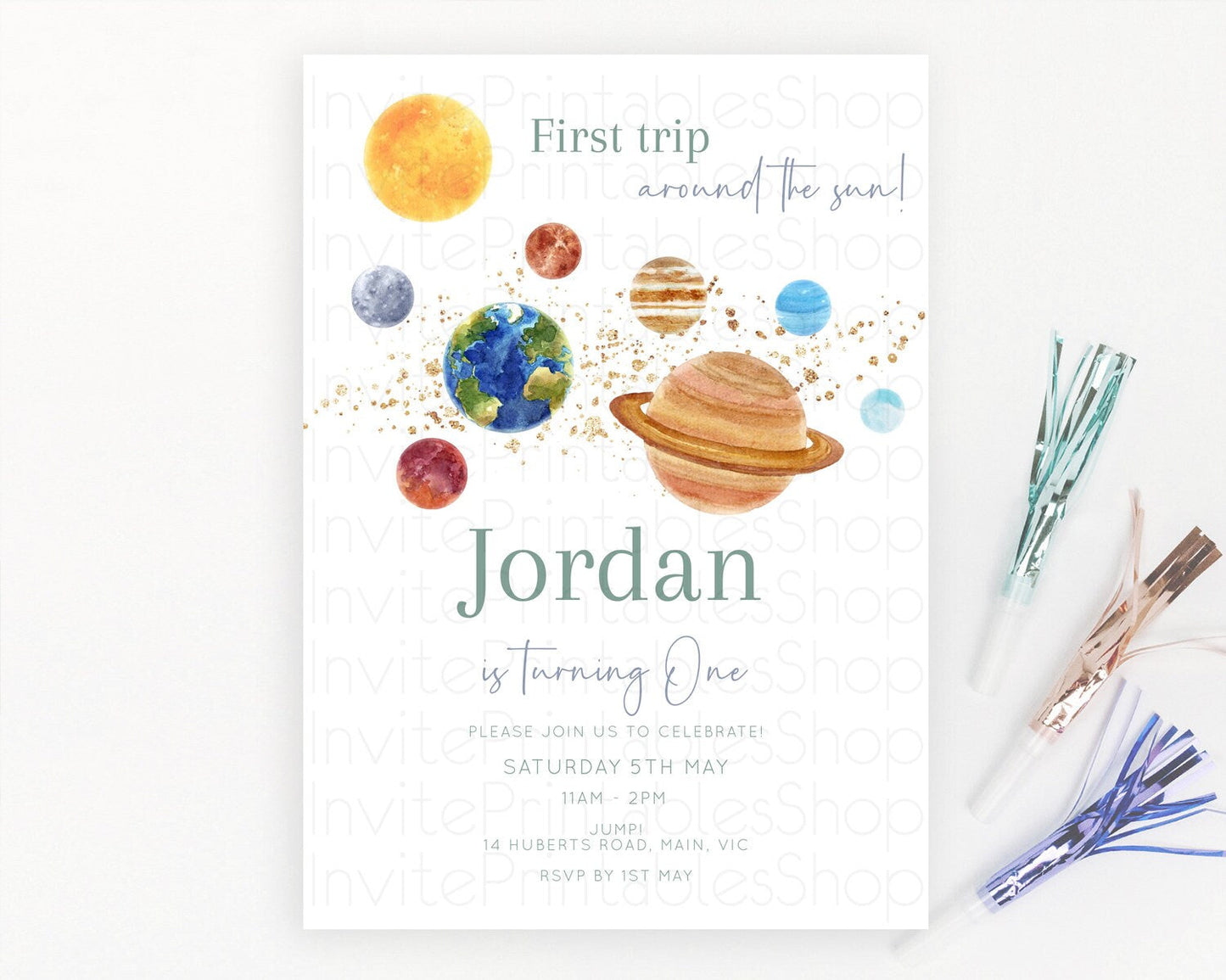 Space Birthday Invitation Space 1st Birthday Invites First Trip Around the Sun Invite Sky Stars Planets Milkyway Solar System Invite D10598