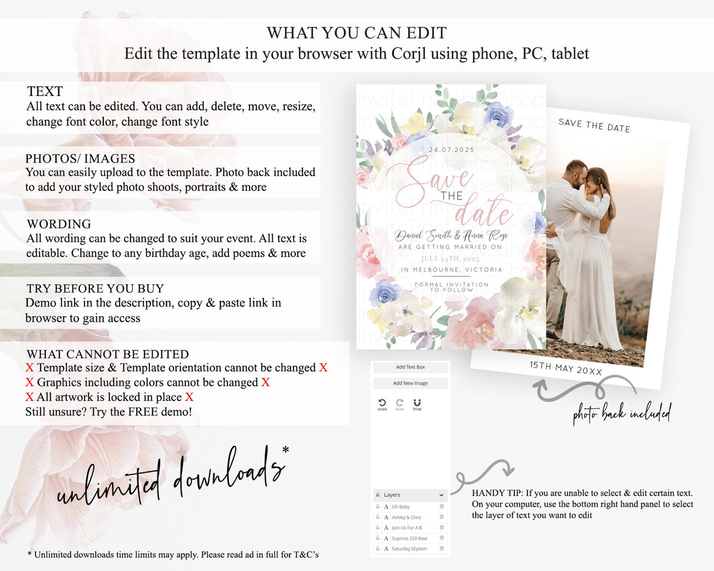 Wildflower Save The Date Template Secret Garden Save The Date Pastel Floral Garden Party Boho Flowers Birthday Baby Shower Wedding D10841