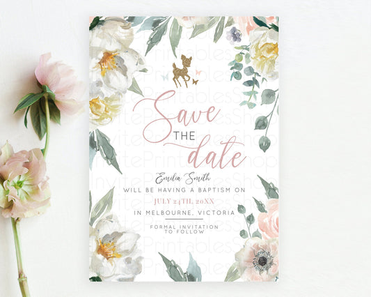 Editable Fawn Deer Save The Date Template Pastel Floral Deer Enchanted Fores