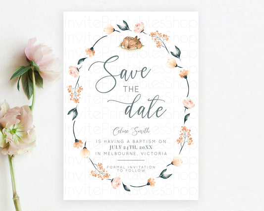 Editable Fawn Deer Save The Date Template Pastel Floral Deer Enchanted Fores