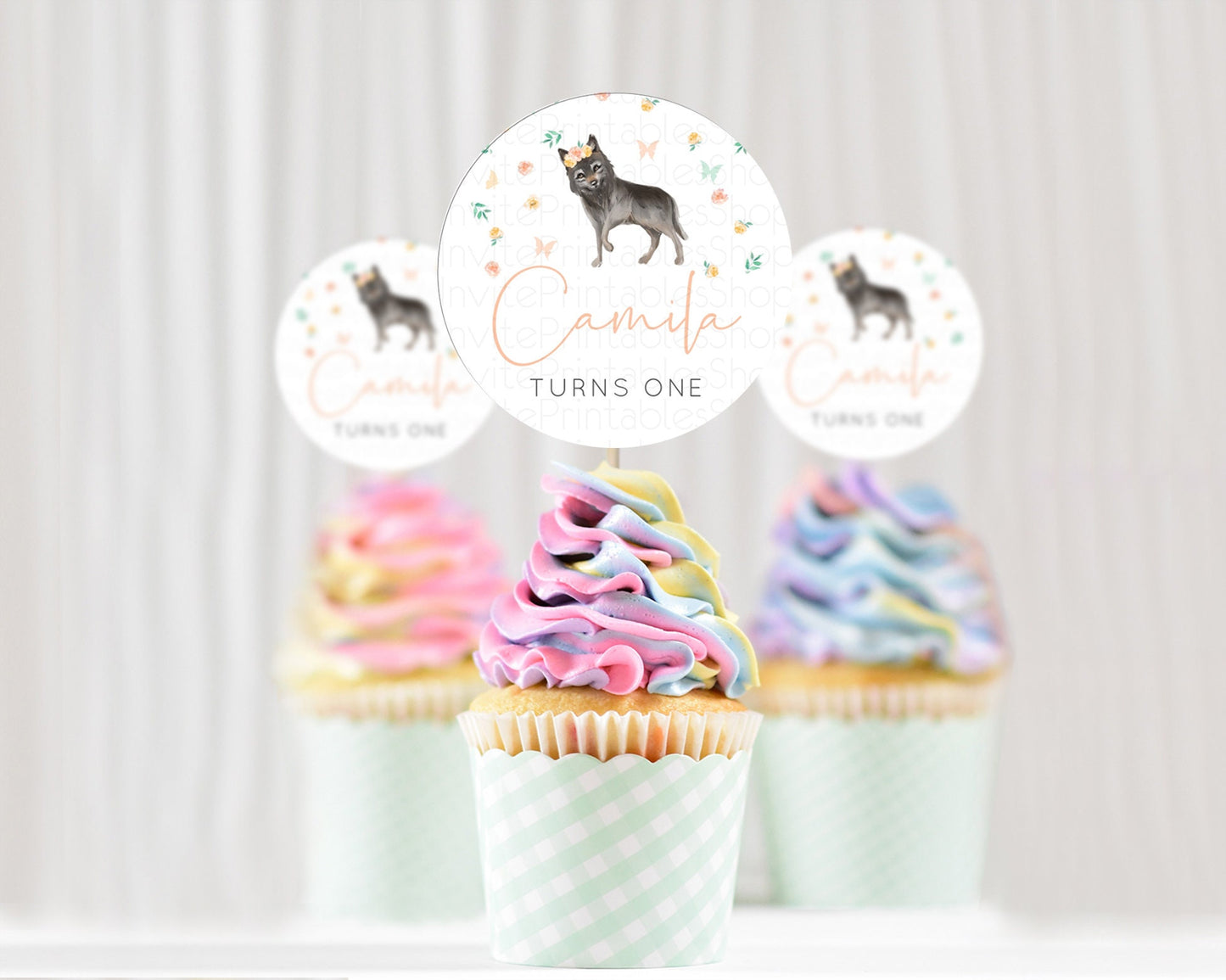 Wolf Cupcake Toppers Wolf Cupcake Pastel Wolf Decor Enchanted Forest Woods Wolf Floral Cupcake Howling Party Cupcake First Birthday D10362
