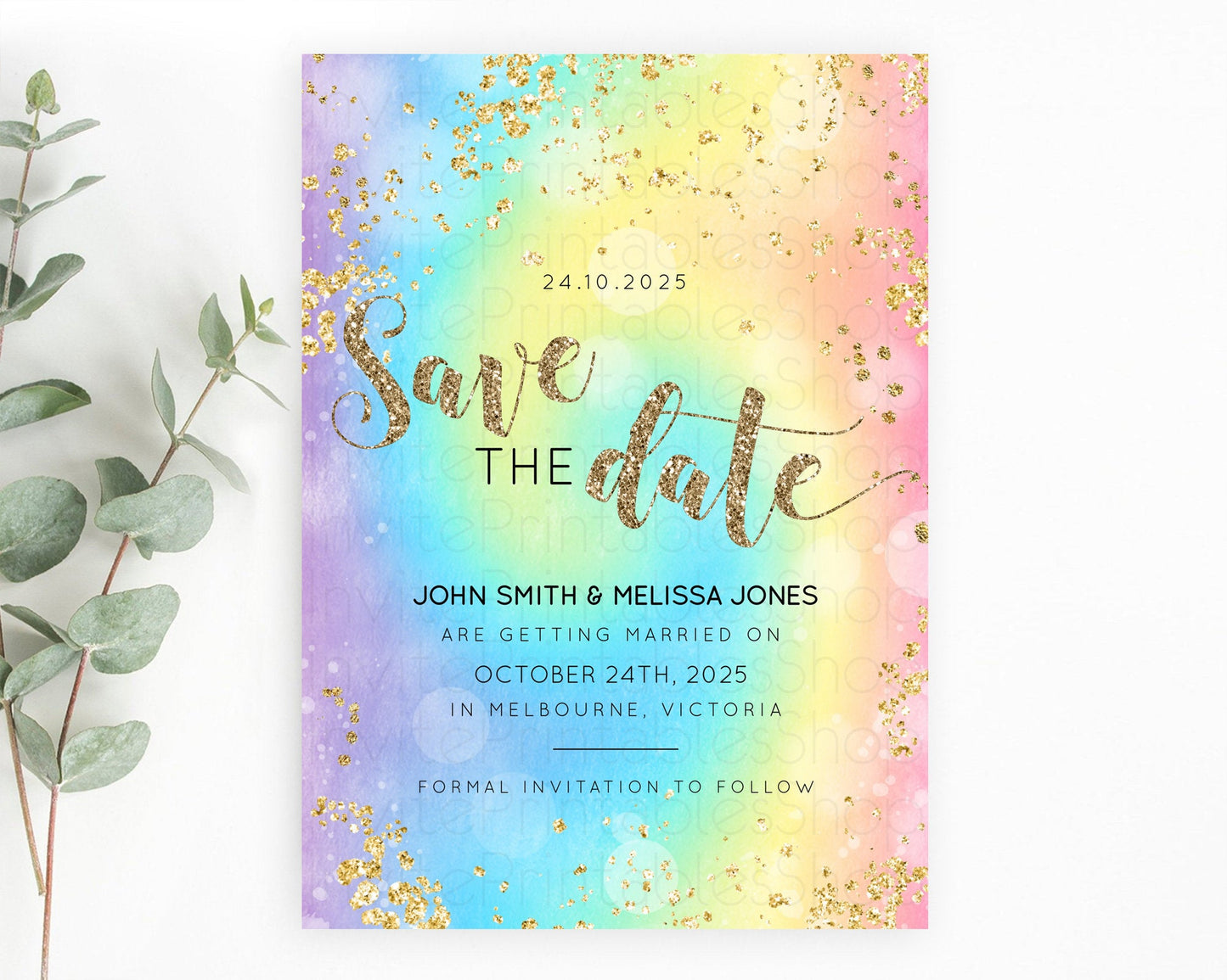 Tie Dye Save The Date Template Rainbow Pastel Ombre Watercolor Party For 1st Birthday Baptism Baby Shower Bridal Shower Wedding D10568