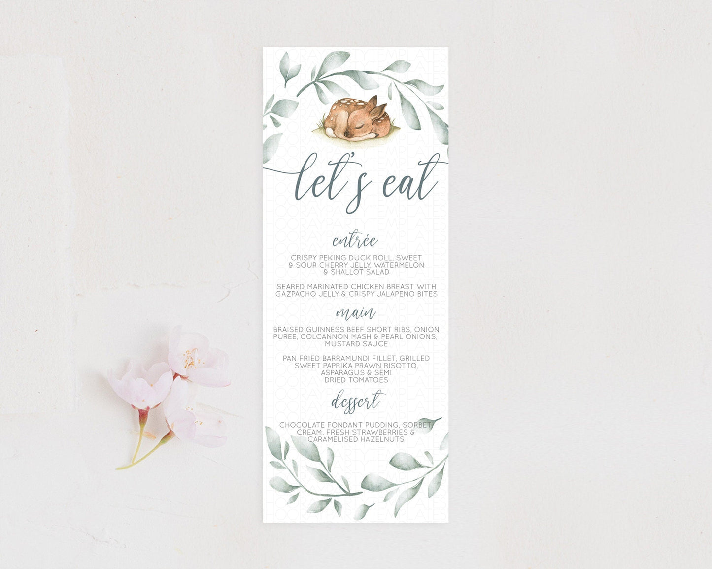 Fawn Menu Deer Menu Template Pastel Floral Deer Table Decor Enchanted Forest Butterfly Floral Dinner Dessert Menu Party Food Menu D10935