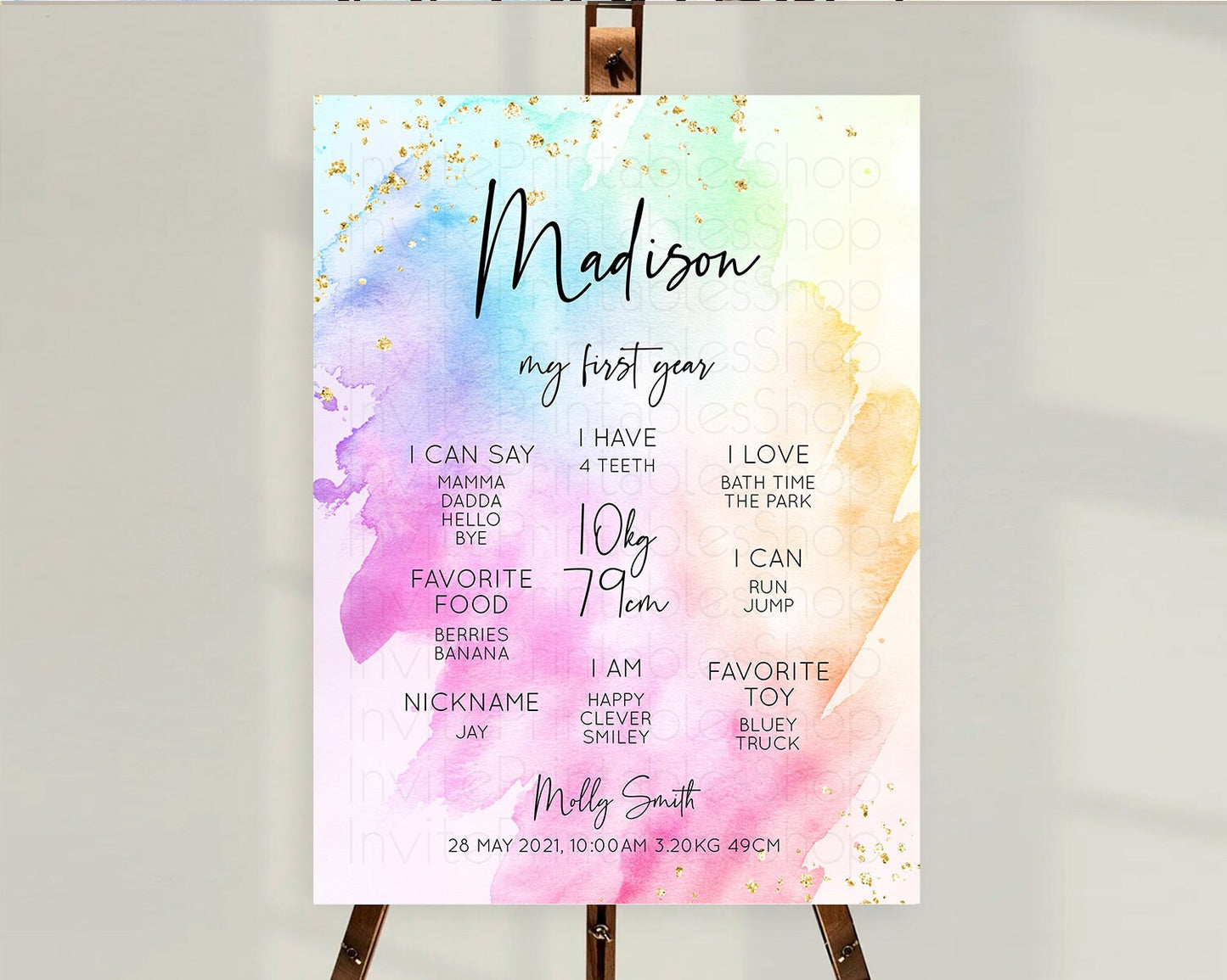 Pastel First Birthday Milestone Board Pastel Rainbow Milestone Poster Colorful Confetti Watercolor Glitter 1st Birthday Welcome Sign D10449