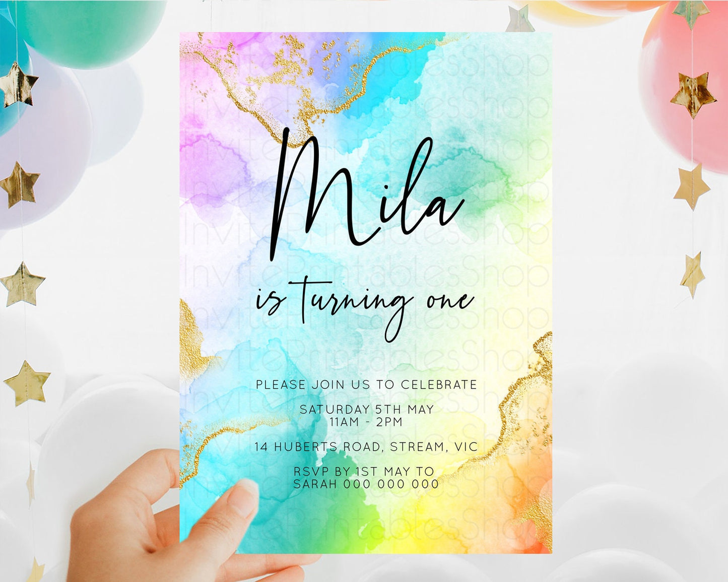 Rainbow Birthday Invitation Colorful Pastel Watercolor Invitation Gold Glitter Sprinkles Ombre Pastel 1st 2nd 3rd Birthday D10390