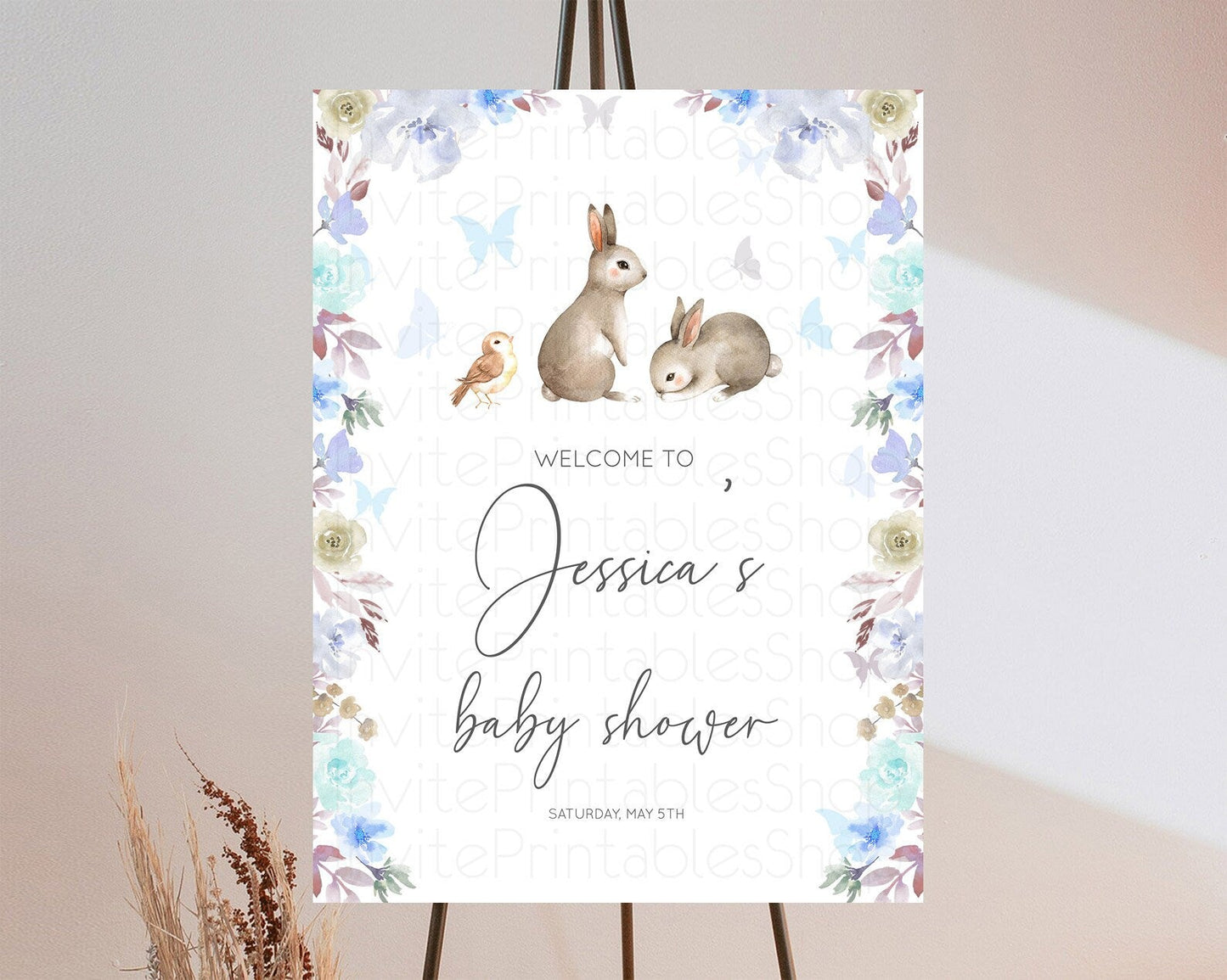 Bunny Baby Shower Welcome Sign Floral Bunny Welcome Board Pastel Flowers Woodland Bunny Welcome Poster Forest Bunny Welcome Sign D10927