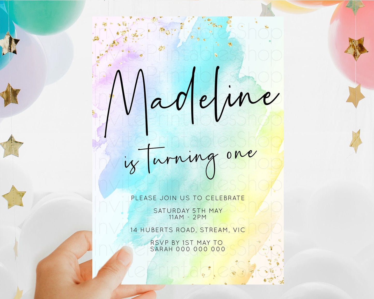 Rainbow Birthday Invitation Colorful Pastel Watercolor Invitation Gold Glitter Sprinkles Ombre Pastel 1st 2nd 3rd Birthday D10171