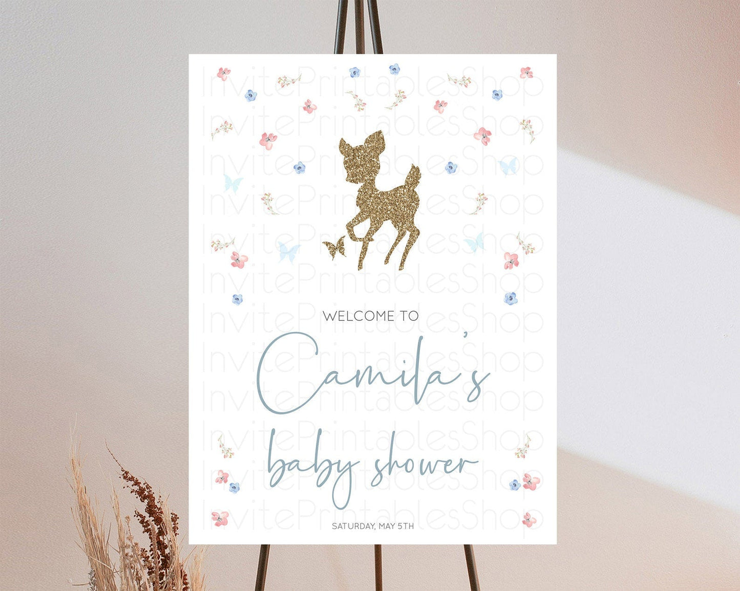Fawn Baby Shower Welcome Sign Deer Welcome Board Floral Deer Welcome Poster Enchanted Forest Butterfly Pastel Floral Welcome Sign D10359