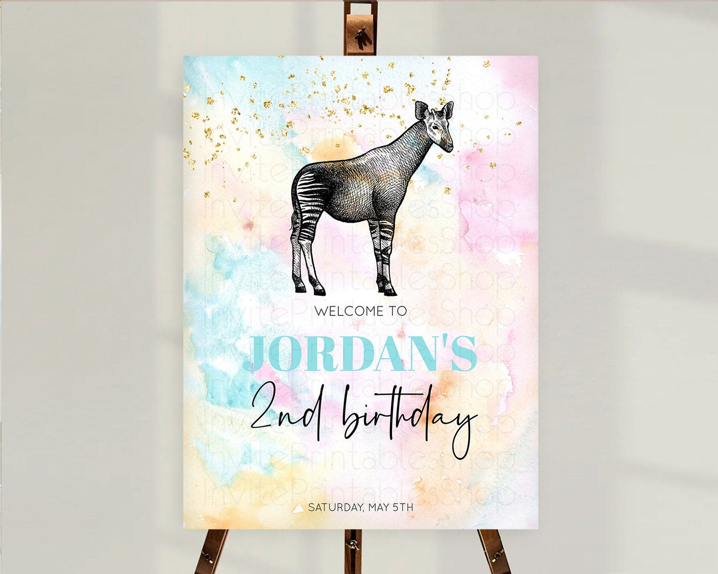 Pastel Okapi Welcome Sign Rainbow Okapi Welcome Board Colorful Rainbow Pastel Confetti Watercolor First Birthday Welcome Sign D10282