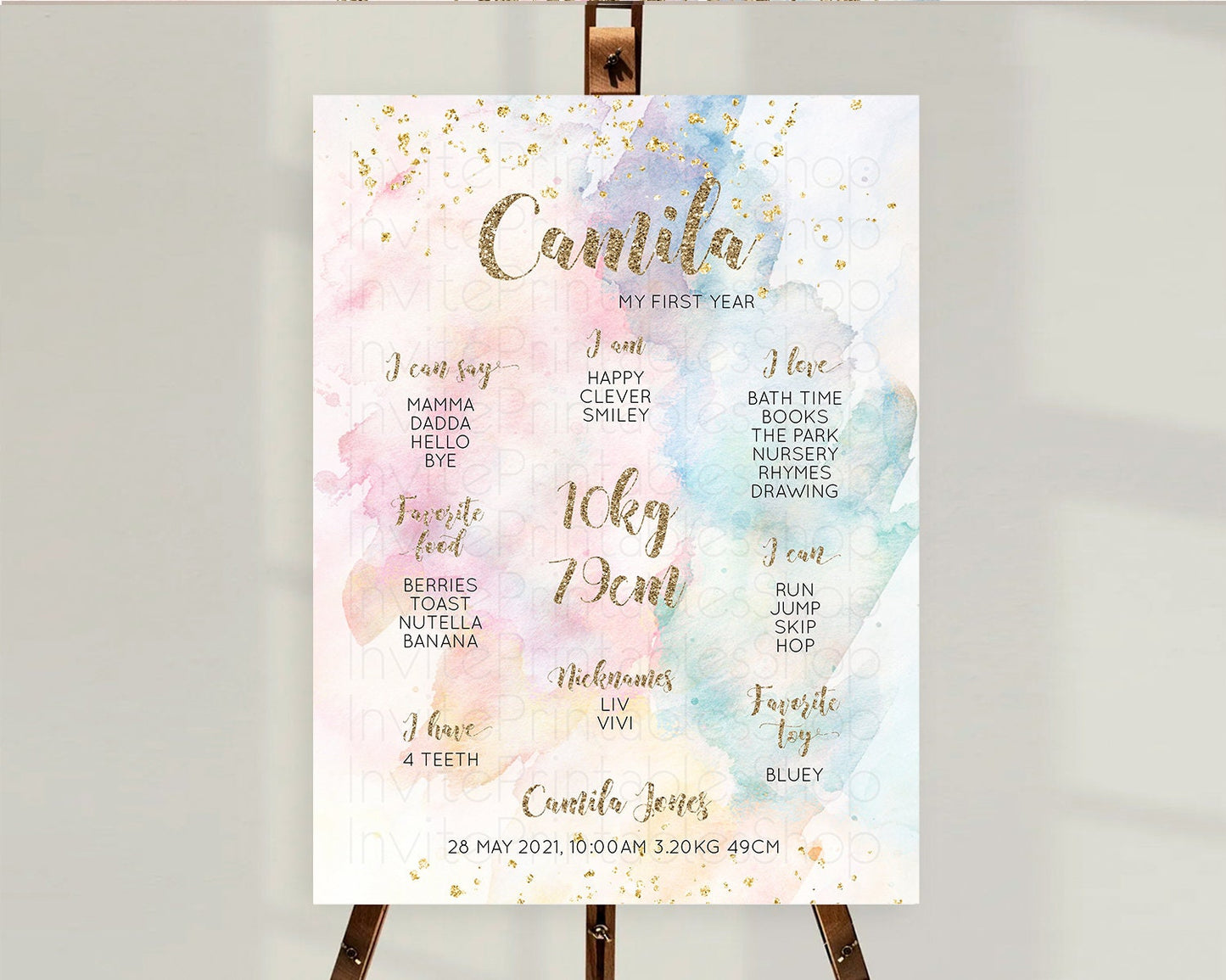 Pastel First Birthday Milestone Board Pastel Rainbow Milestone Poster Colorful Confetti Watercolor Glitter 1st Birthday Welcome Sign D10264
