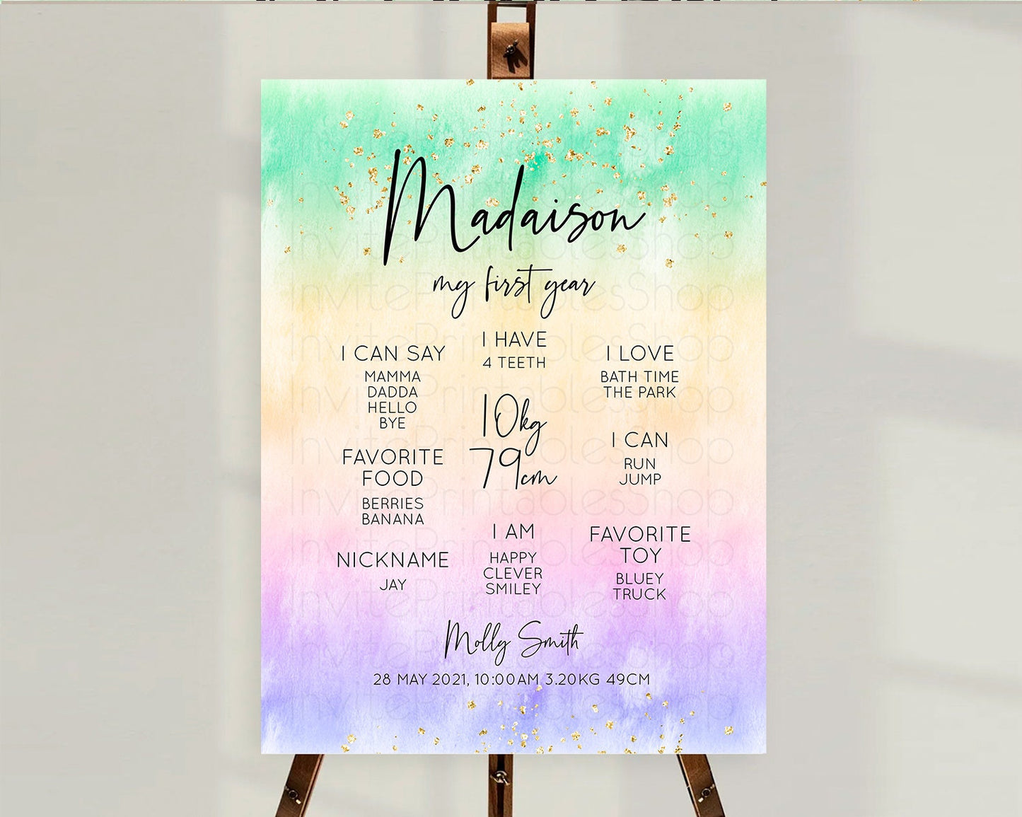 Pastel First Birthday Milestone Board Pastel Rainbow Milestone Poster Colorful Confetti Watercolor Glitter 1st Birthday Welcome Sign D10485