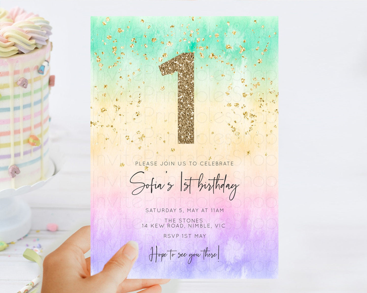 Rainbow Birthday Invitation Colorful Pastel Watercolor Invitation Gold Glitter Sprinkles Ombre Pastel 1st 2nd 3rd Birthday D10485