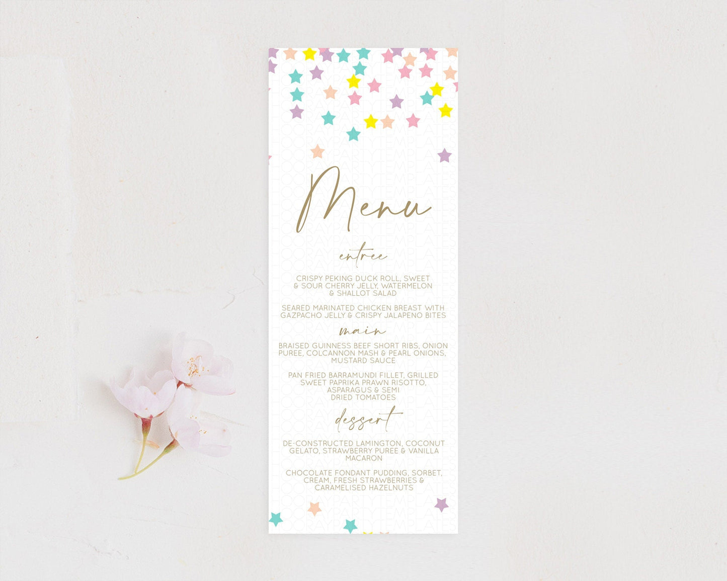 Star Menu Template Pastel Stars Menu Shooting Star Twinkle Little Star Decor Rainbow Colorful Confetti Dinner Dessert Food Menu D10601