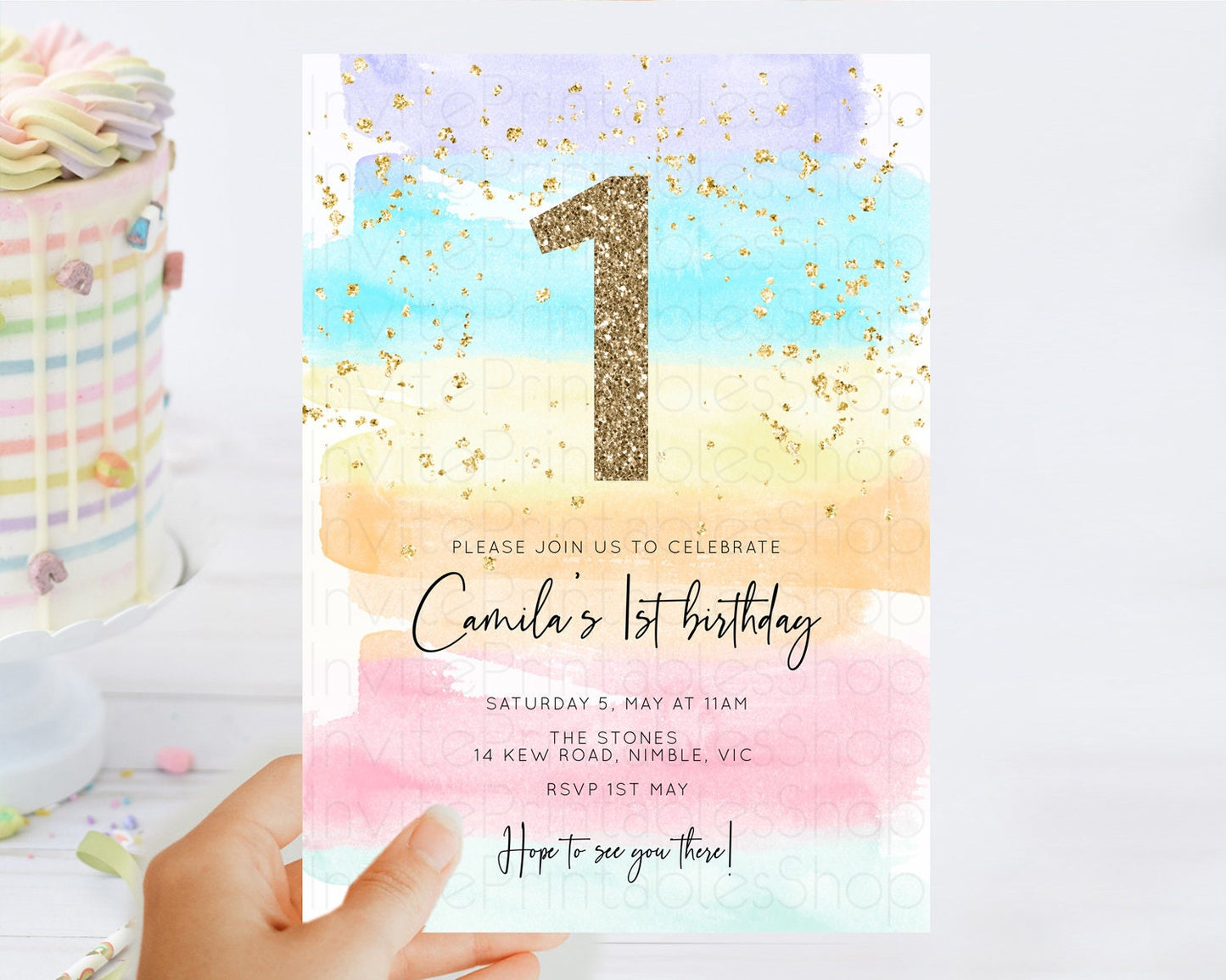 Rainbow Birthday Invitation Colorful Pastel Watercolor Invitation Gold Glitter Sprinkles Ombre Pastel 1st 2nd 3rd Birthday D10505