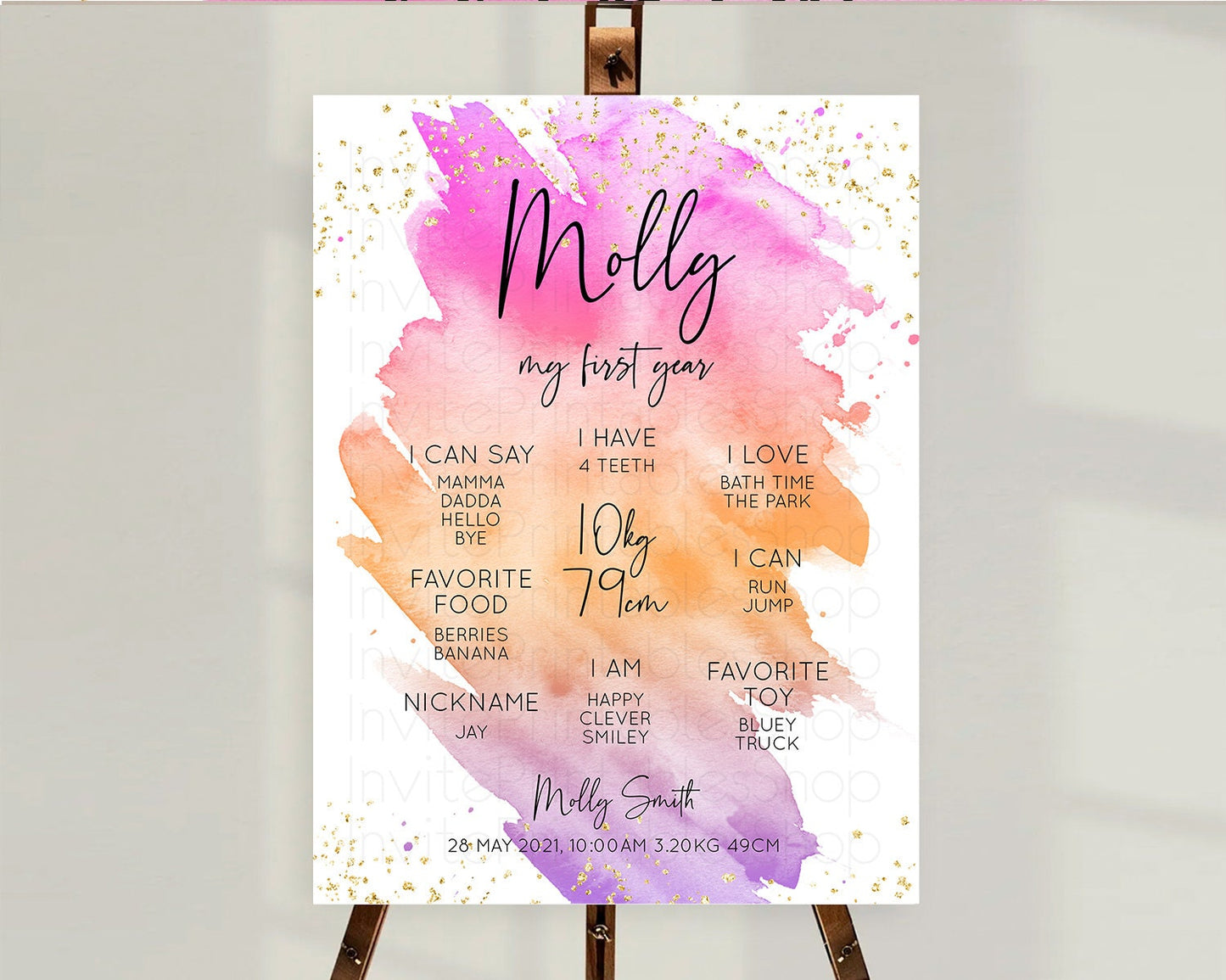 Pastel First Birthday Milestone Board Pastel Rainbow Milestone Poster Colorful Confetti Watercolor Glitter 1st Birthday Welcome Sign D10488