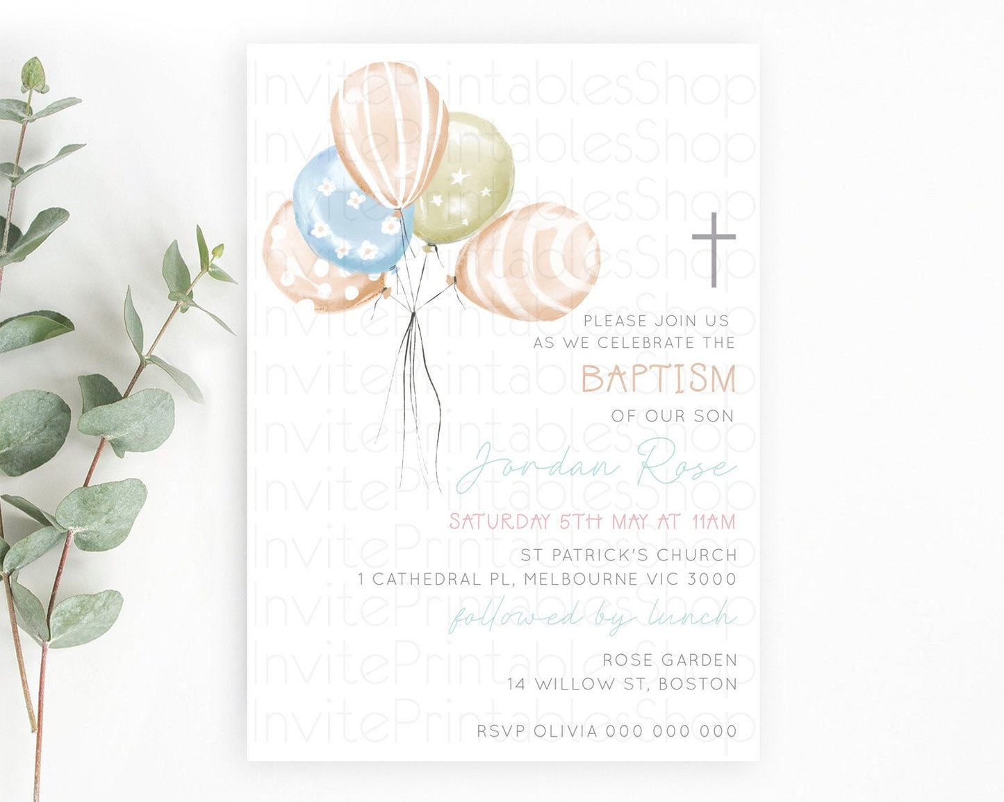 Balloon Baptism Invitation Pastel Baptism 1st Birthday Invitation Pastel Balloon Christening Invite Colorful Rainbow Balloon Invites D22999