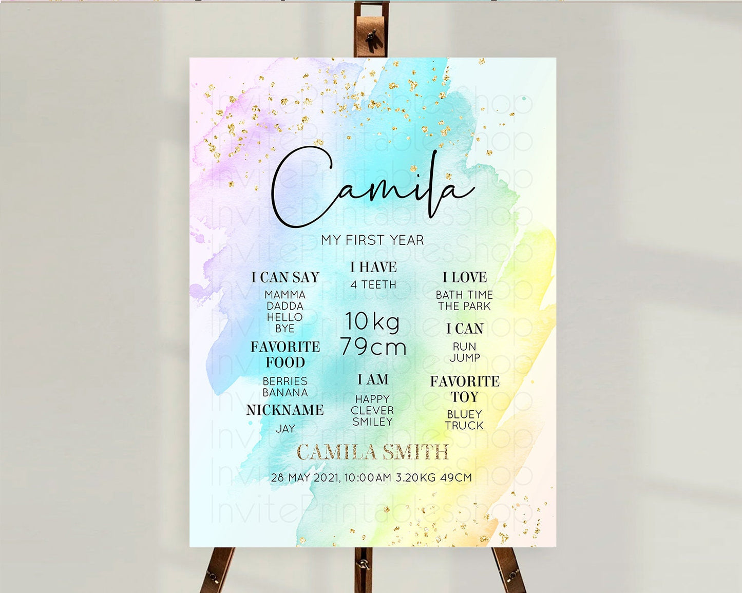 Pastel First Birthday Milestone Board Pastel Rainbow Milestone Poster Colorful Confetti Watercolor Glitter 1st Birthday Welcome Sign D10171