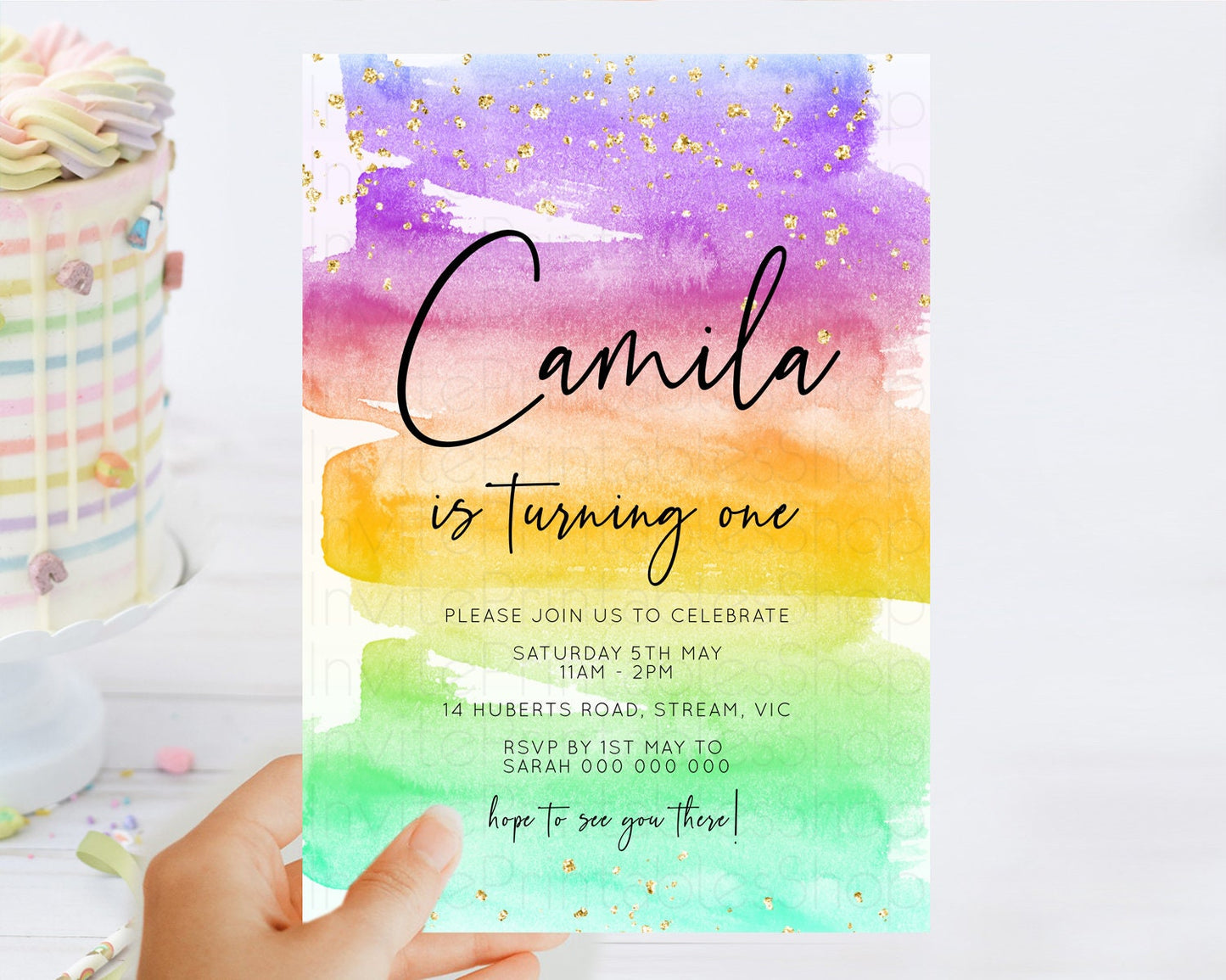 Rainbow Birthday Invitation Colorful Pastel Watercolor Invitation Gold Glitter Sprinkles Ombre Pastel 1st 2nd 3rd Birthday D10524