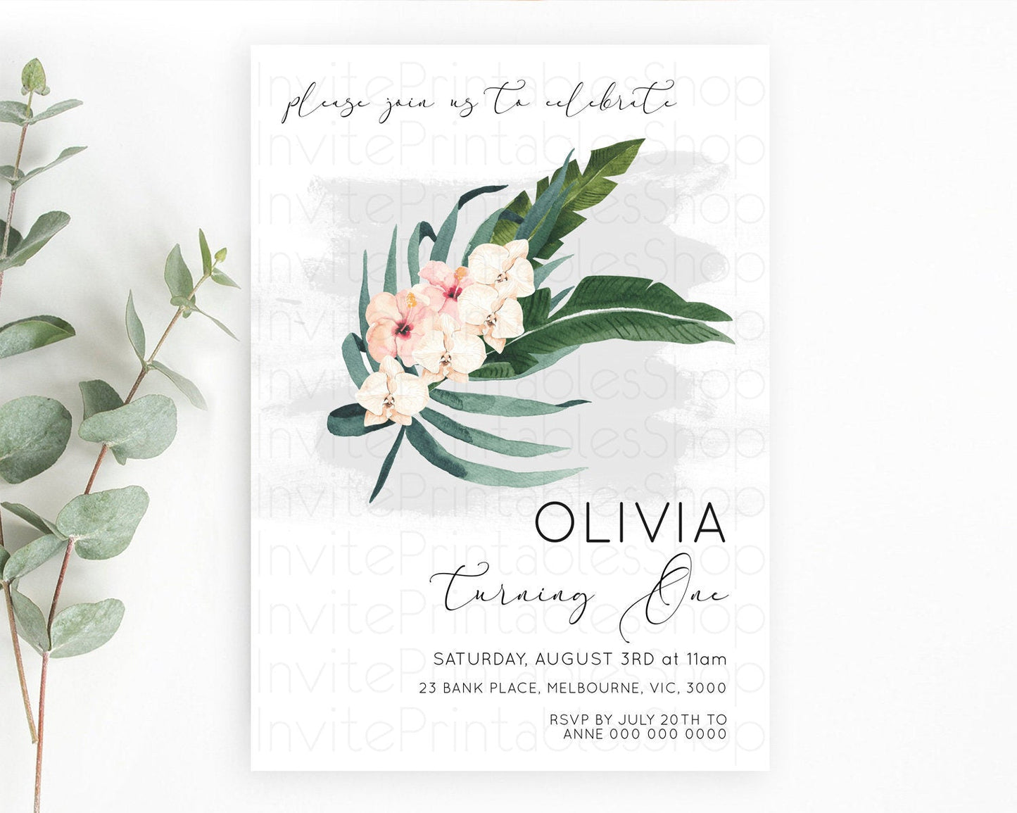 Tropical Invitation Tropical Birthday Invitation Tropical Floral Invitation Palm Leaf Fern Invite Frangipani White Orchid Invitation D11011