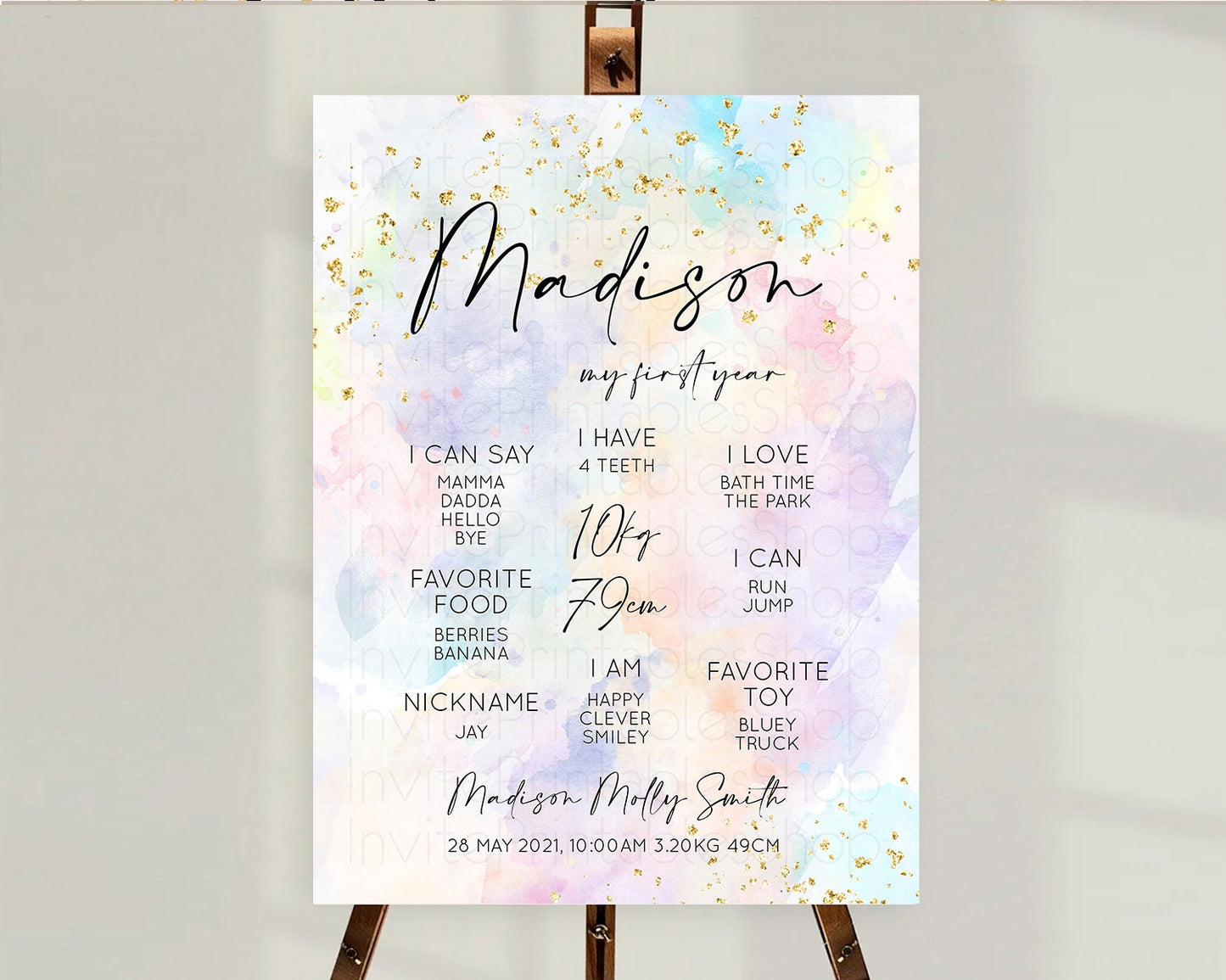 Pastel First Birthday Milestone Board Pastel Rainbow Milestone Poster Colorful Confetti Watercolor Glitter 1st Birthday Welcome Sign D10605