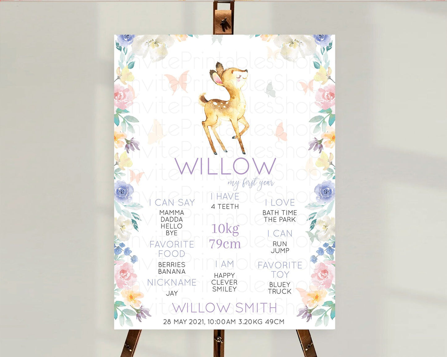 Fawn First Birthday Milestone Board Deer First Birthday Milestone Poster Enchanted Forest Butterfly Pastel Flowers 1st Birthday Sign D11001