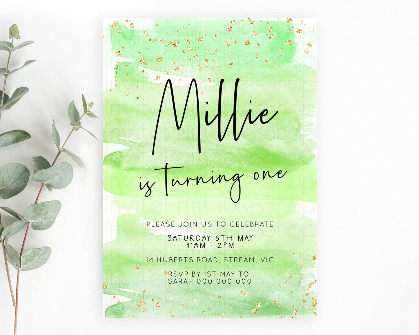 Green Birthday Invitation green Watercolor Invitation Pastel green Watercolor Invitation green Splash Gold Invitation First Birthday D23050