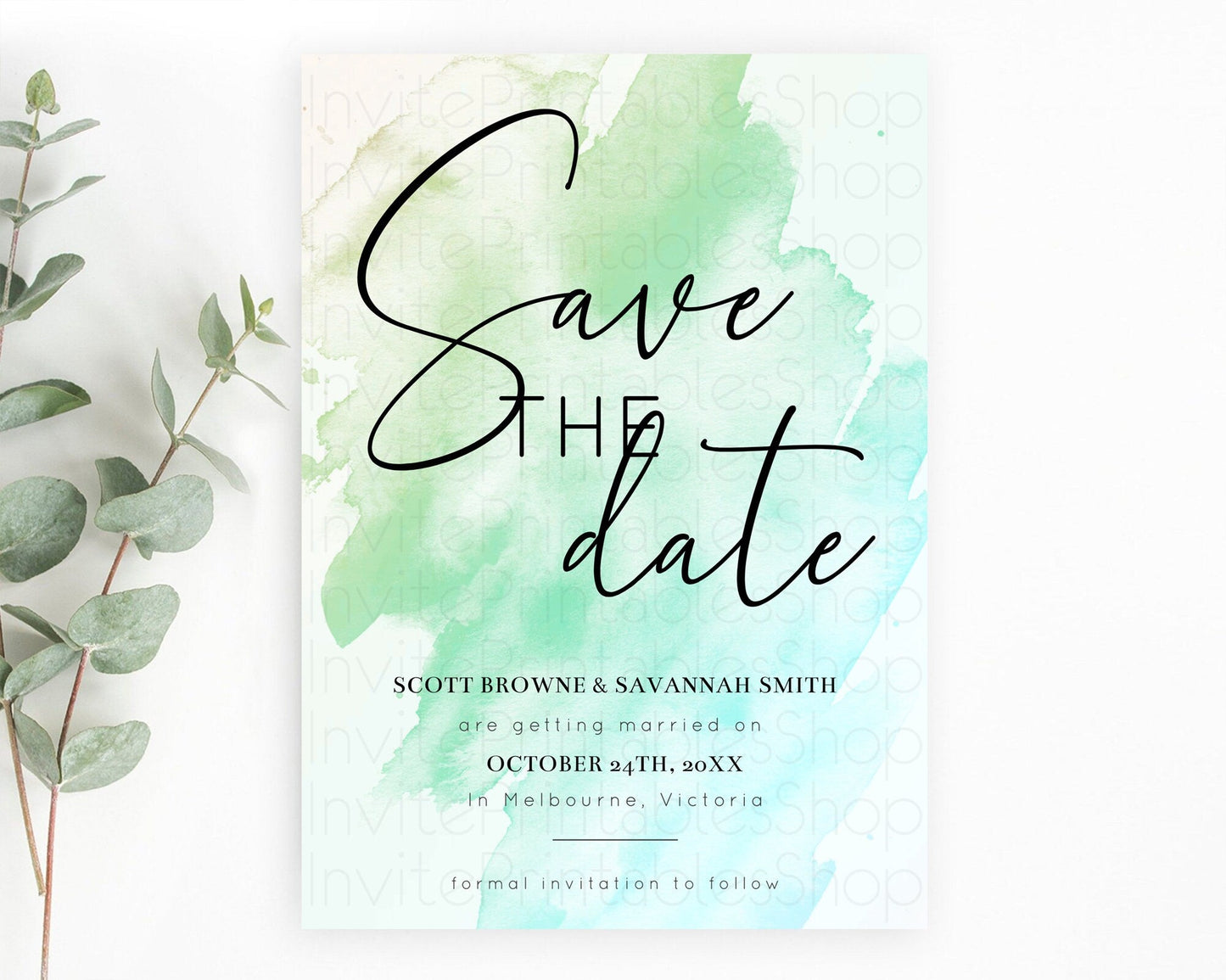 Green Watercolor Save The Date Template Ombre Green Watercolor Splash Party 1st Birthday Baby Shower Wedding Baptism Bridal Shower D10166