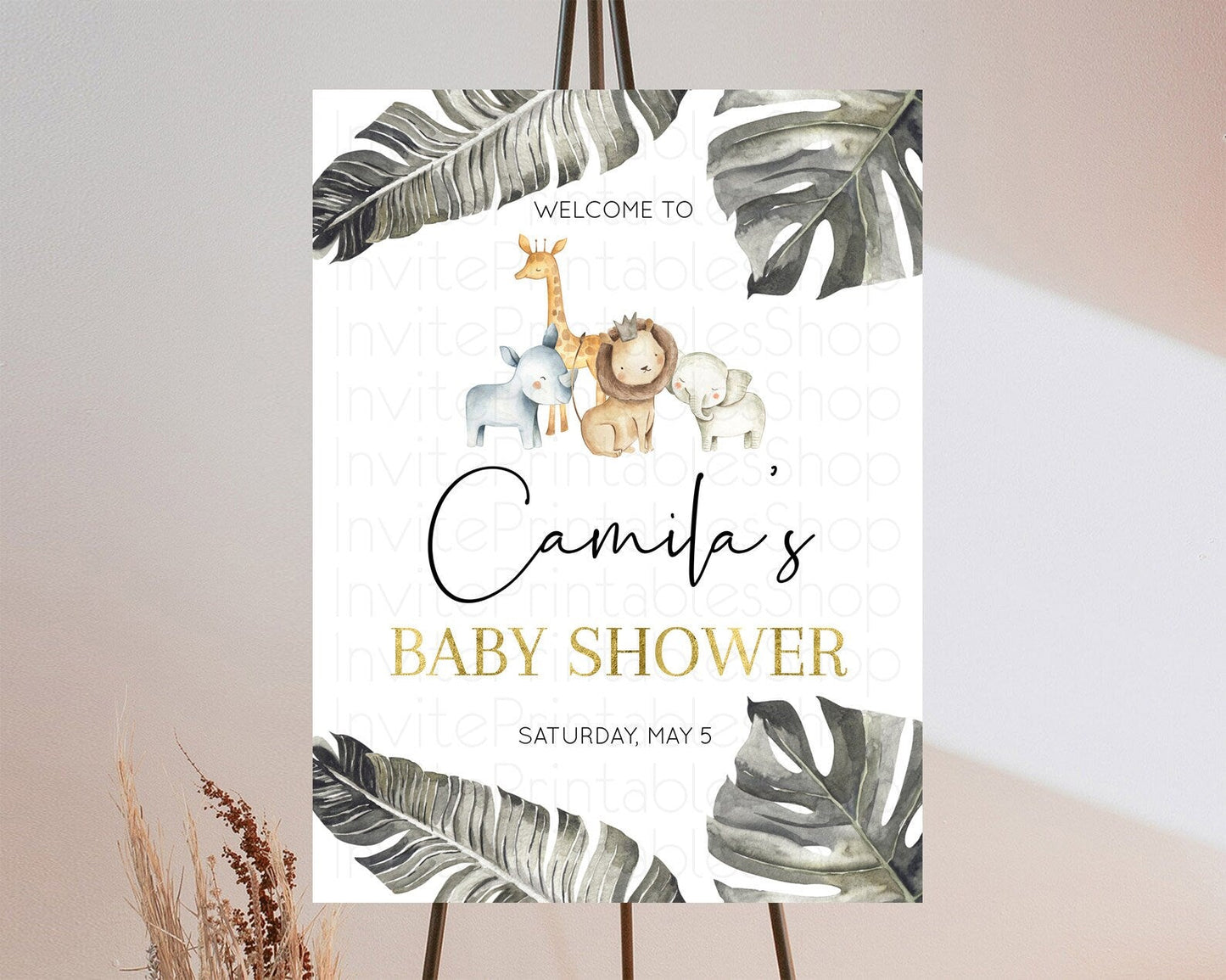 Safari Baby Shower Welcome Sign Safari Welcome Board Lion Gorilla Elephant Rhino Tropical Palm Zoo Party Decor Safari Welcome Poster D10599