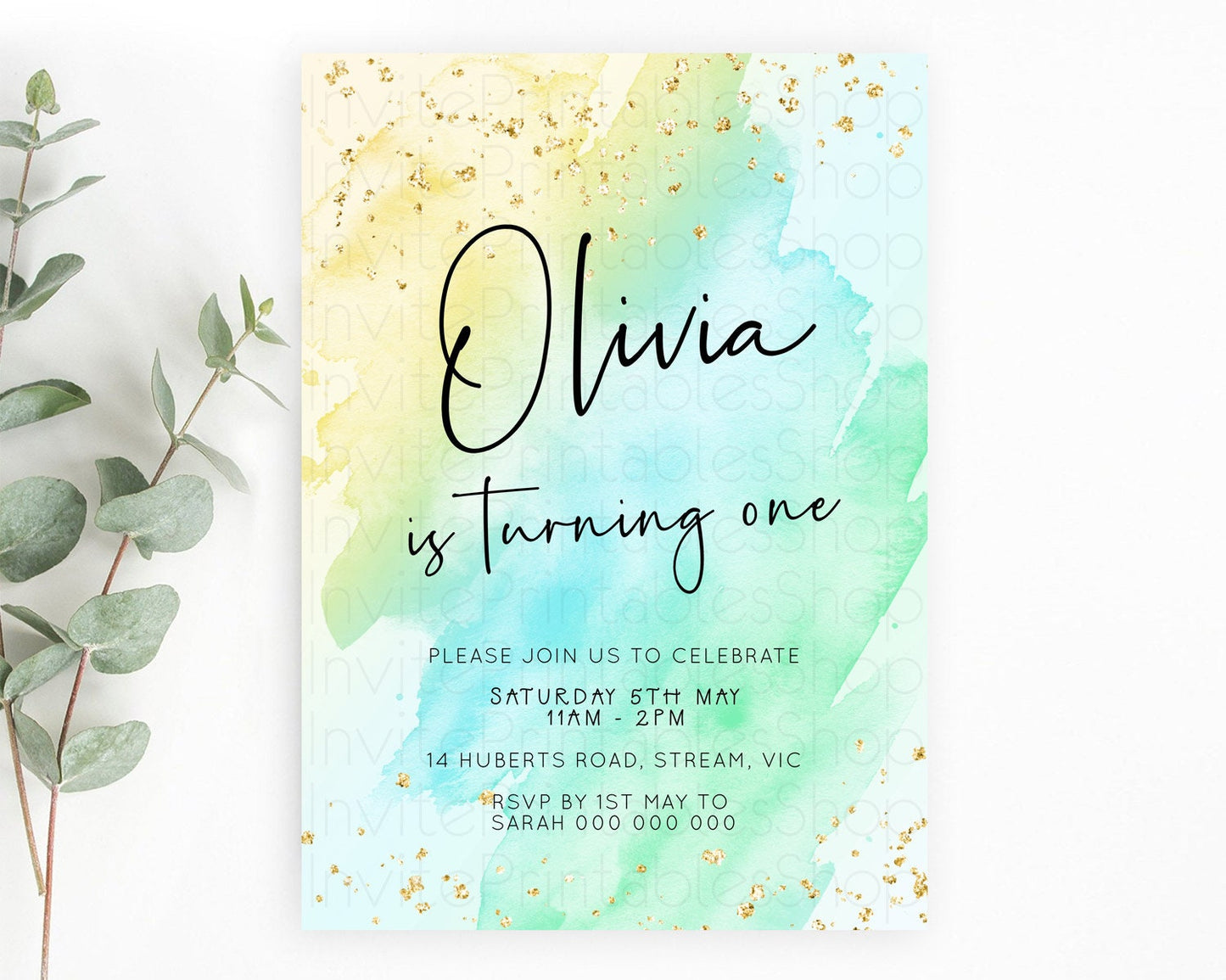 Pastel Birthday Invitation Ombre Watercolor Birthday Invitation Glitter Rainbow Color Splash 1st 2nd 3rd Birthday Invitation D23058