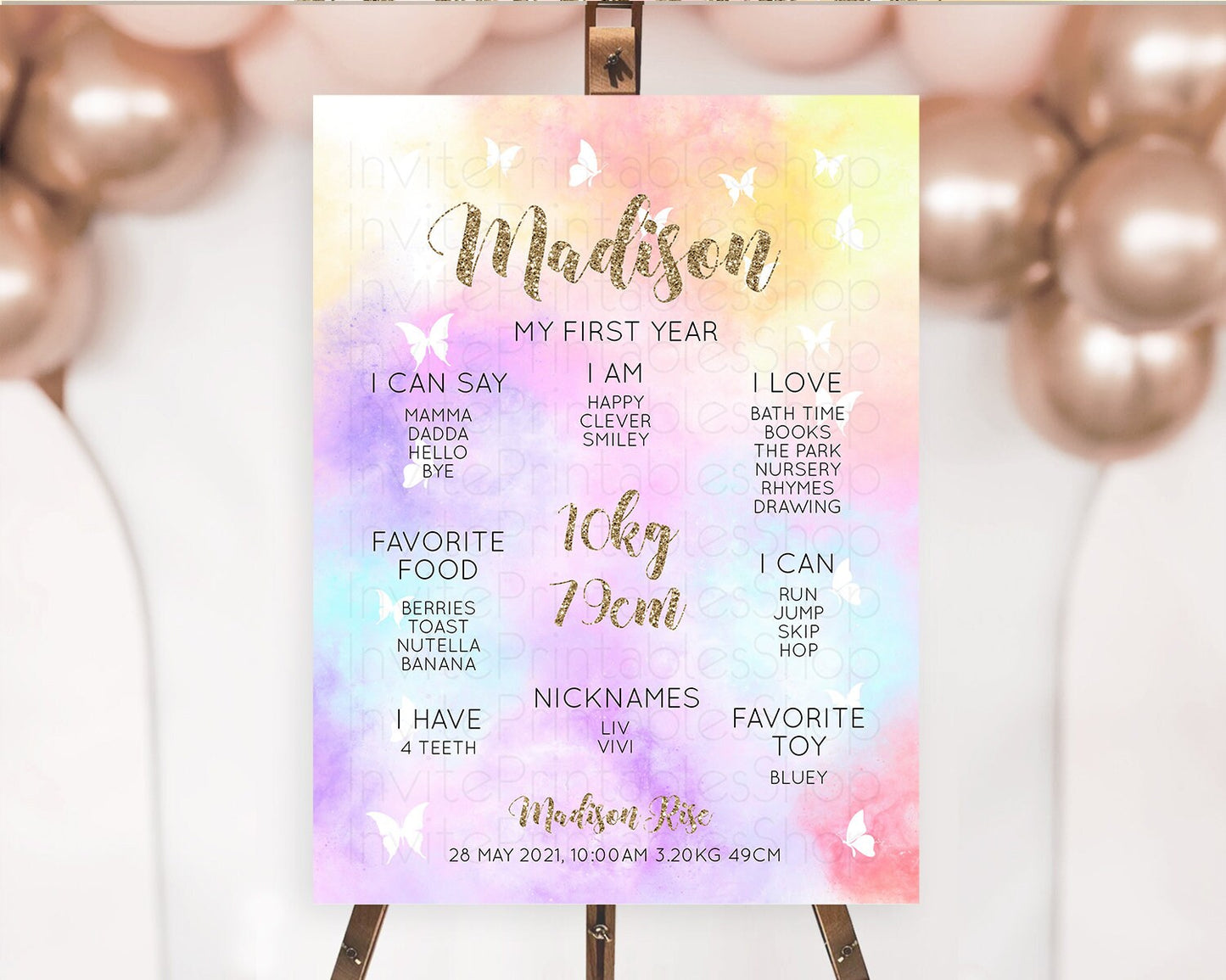Pastel First Birthday Milestone Board Pastel Rainbow Milestone Poster Colorful Confetti Watercolor Glitter 1st Birthday Welcome Sign D10435