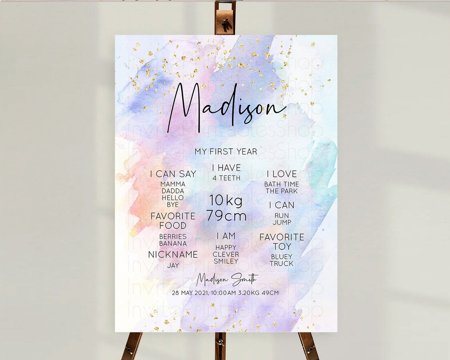 Pastel First Birthday Milestone Board Pastel Rainbow Milestone Poster Colorful Confetti Watercolor Glitter 1st Birthday Welcome Sign D10585
