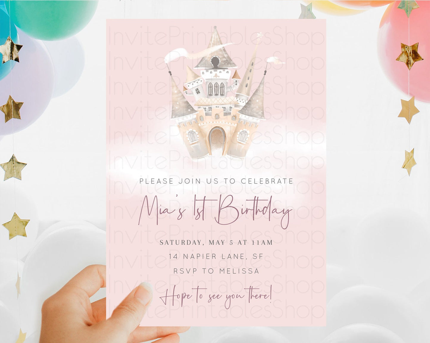 Princess Birthday Invitation Princess Invitation Pastel Invitation Royal Birthday Rainbow Color Enchanted Castle 1st First Birthday D10252