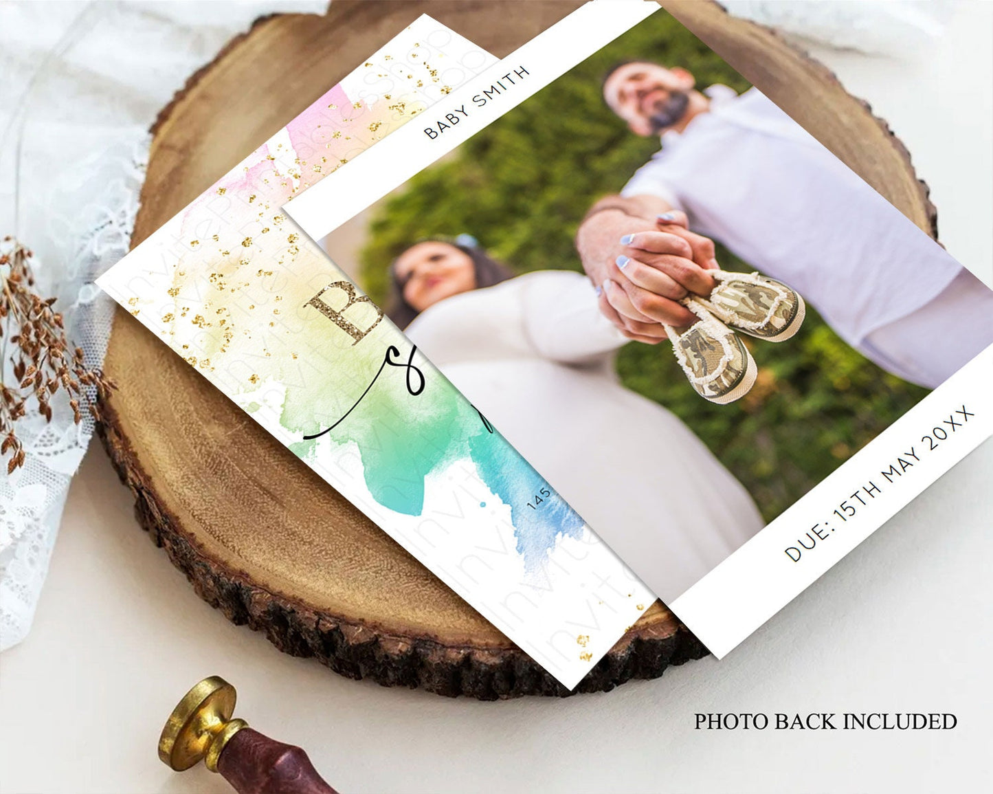 Pastel Rainbow Baby Shower Invitation, Colorful Watercolor Splash, Gold Glitter Confetti Sprinkles, Ombre Pink, Yellow, Blue, Purple D11028